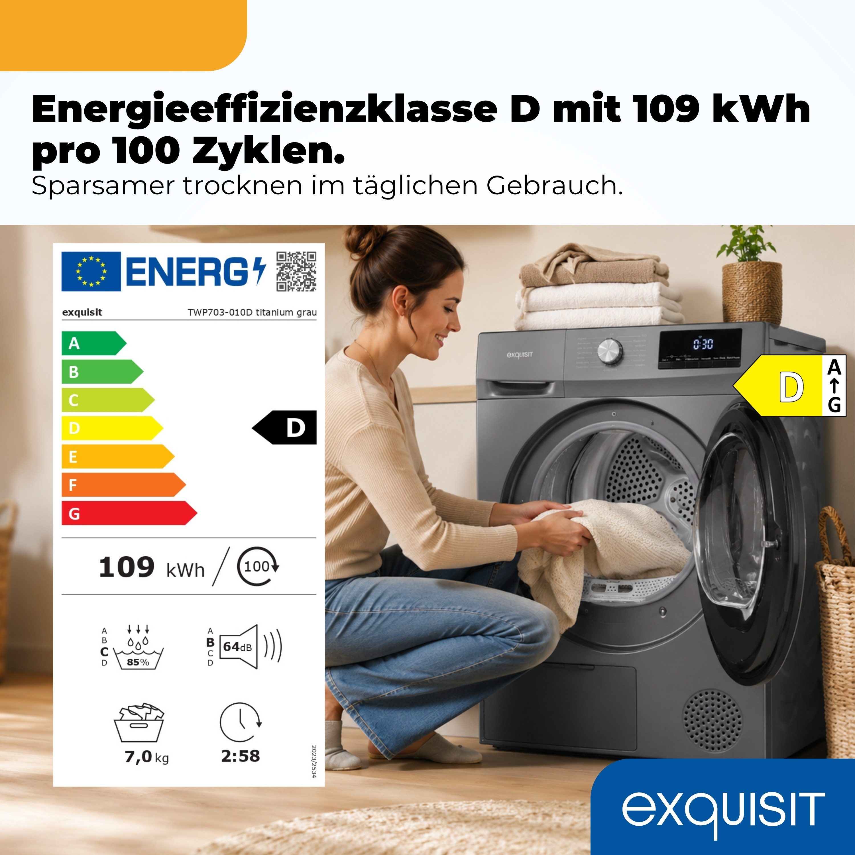exquisit Wärmepumpentrockner TWP703-010D titanium grau, Wärmepumpentechnologie für weniger Energieverbrauch, sehr sparsam