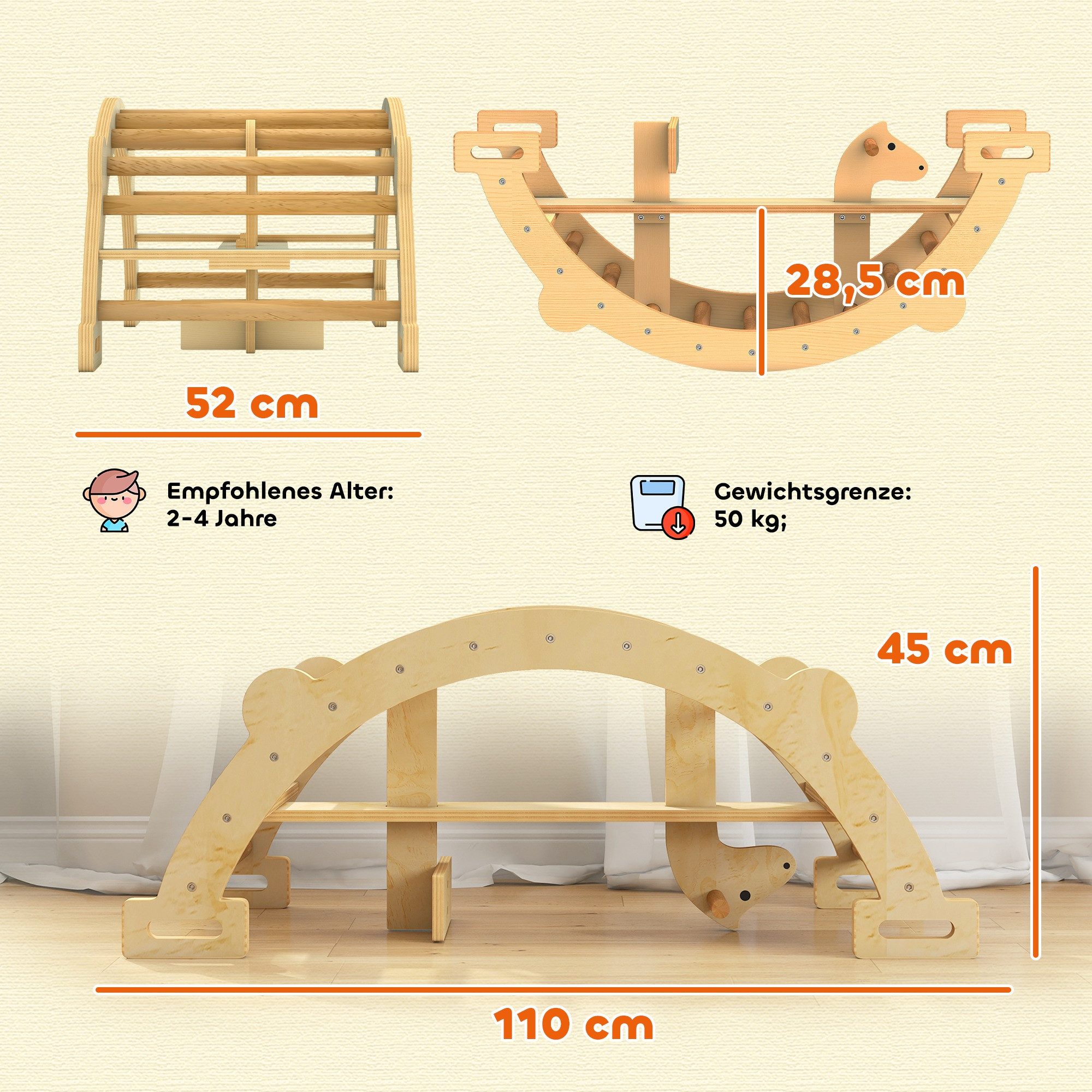 AIYAPLAY Klettergerüst, (2 in 1 Kletterbogen, 1-St., Kletterspielzeug aus Holz), für Kinder 2-4 Jahre, Indoor, Naturholz