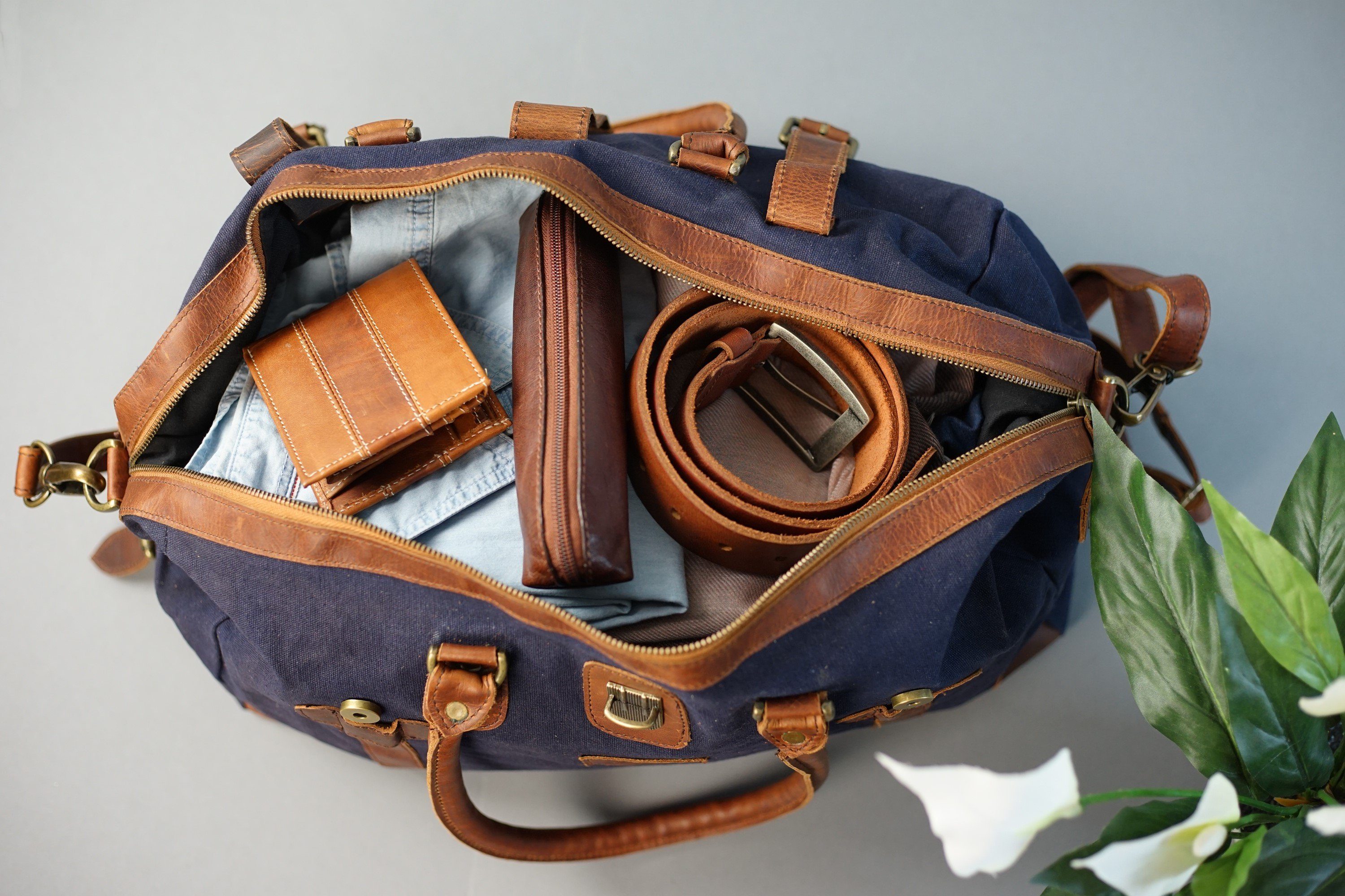 LECONI Weekender klein Handgepäck Damen Herren Leder Canvas LE2008, Canvas & Leder – Innenfach mit Zipper – 45×30×20 cm