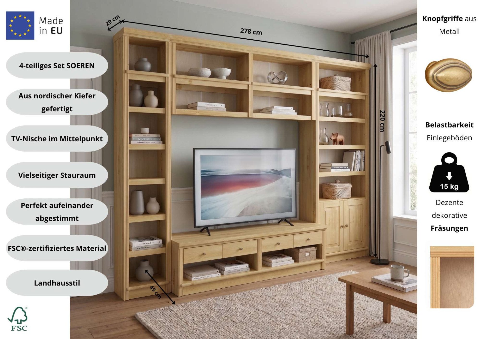 OTTO home Wohnwand Soeren, (Set, 4-St), aus massiver Kiefer, mit dekorativer Fräsung