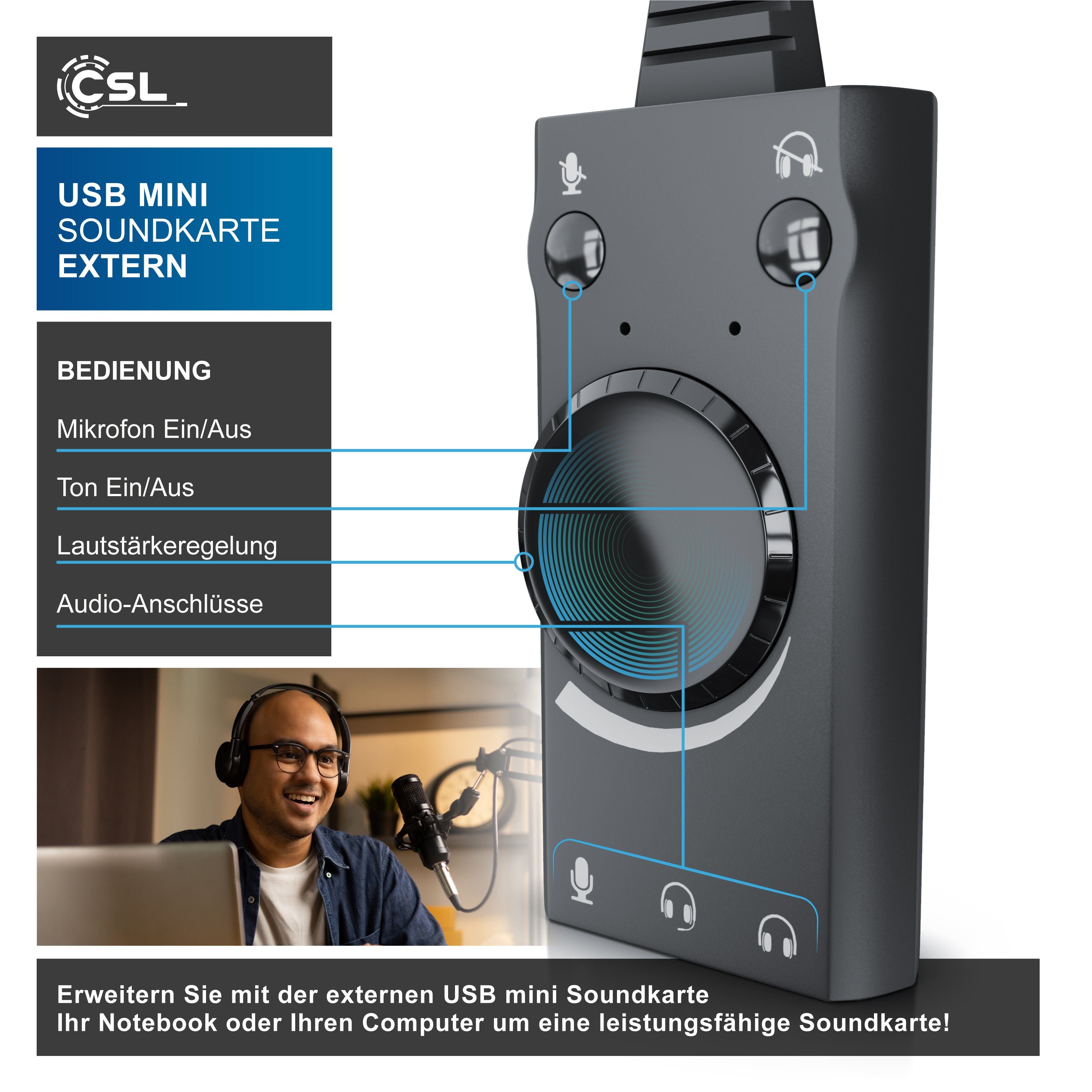 CSL USB Mini Soundkarte extern mit Lautstärkenregelung USB-Soundkarte Surround Sound, Plug and Play, kompatibel: Computer Notebook Tablet Mac Windows 10/11