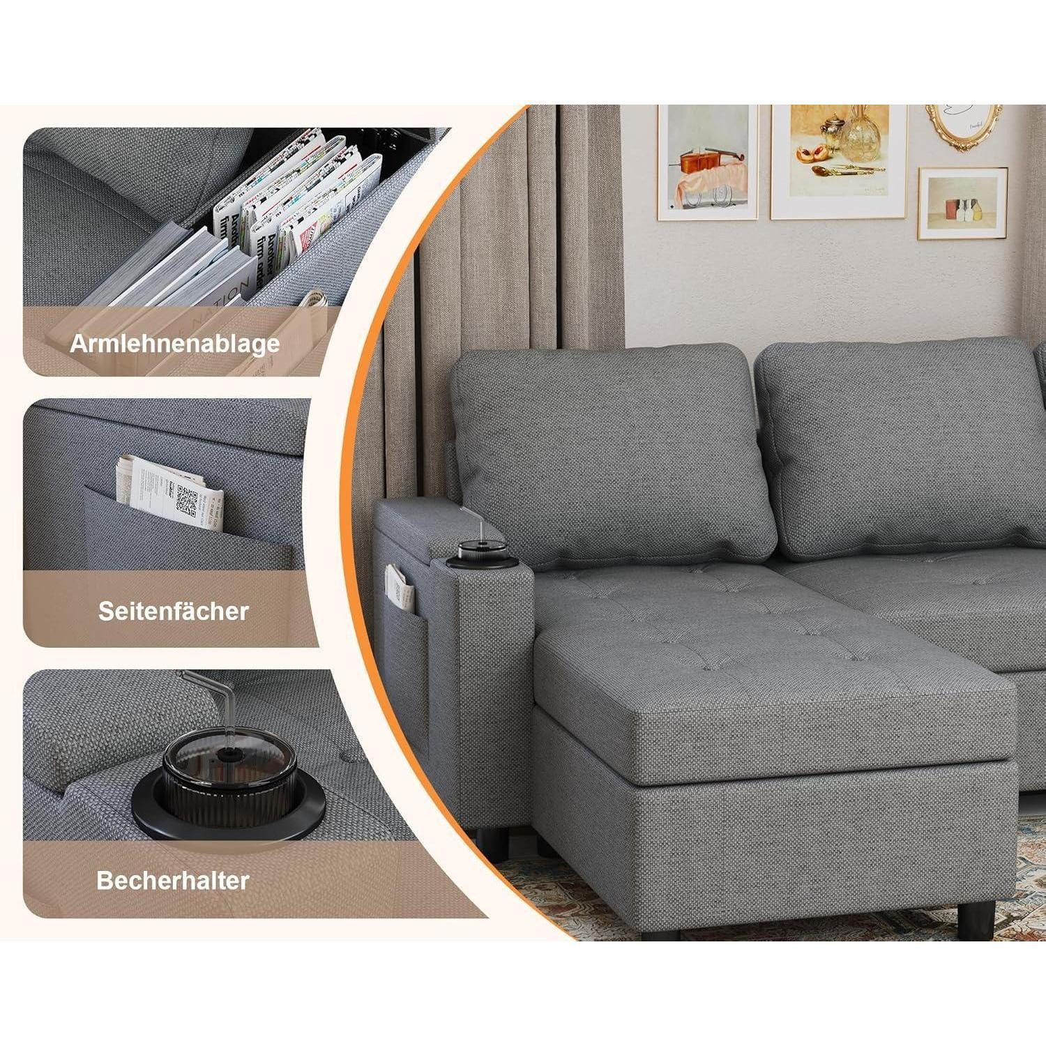 LuxusKollektion Ecksofa Ecksofa Schlafsofa Bettkasten U Form 4 Sitzer 254cm - U Hellgrau