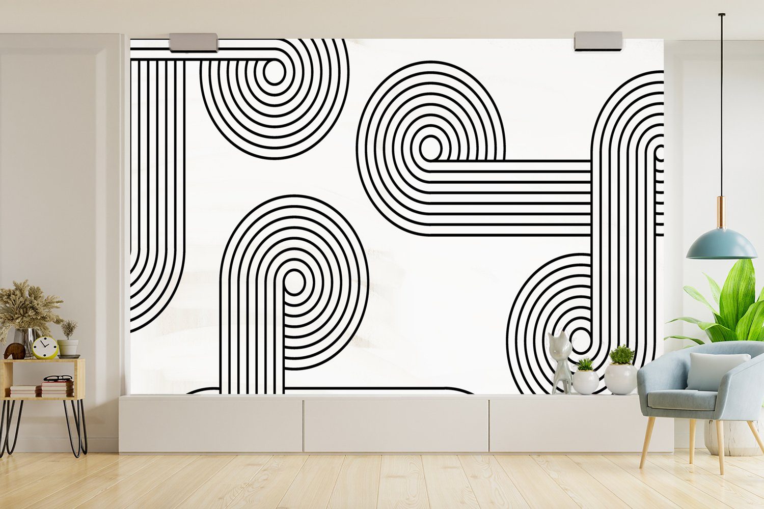 Weiß, - - Wohnzimmer, - Schlafzimmer, Fototapete für St), (6 Rund Schwarz MuchoWow bedruckt, Tapete Matt, Kinderzimmer, Vinyl Wallpaper Kunst