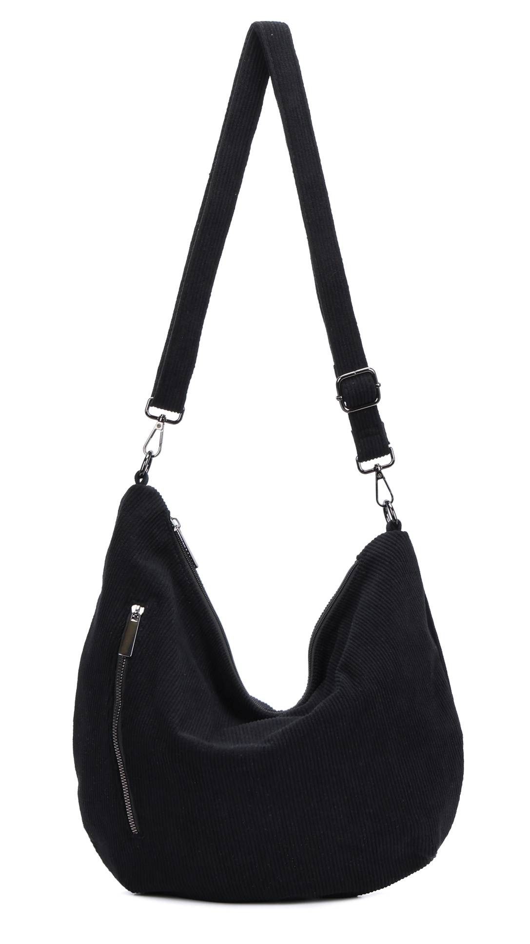 ITALYSHOP24 Schultertasche Damen Halbmond Tasche aus Cord CrossOver Body Bag Umhängetasche, Runde Cordtasche Asymmetrisches MOON Brust Slingtasche Wildlederoptik