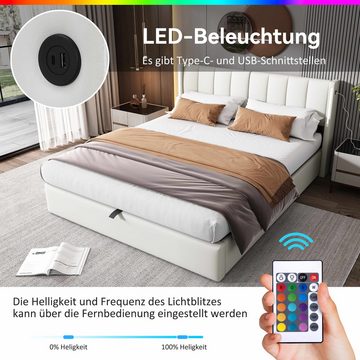 BlingBin Polsterbett Binaurales LED-Polsterbett, hydraulisches Bett (1-tlg., 140 x 200, mit Stauraum, PU, weiß), mit LED-Beleuchtung, verstellbares Kopfteil, USB-Anschluss im Bett