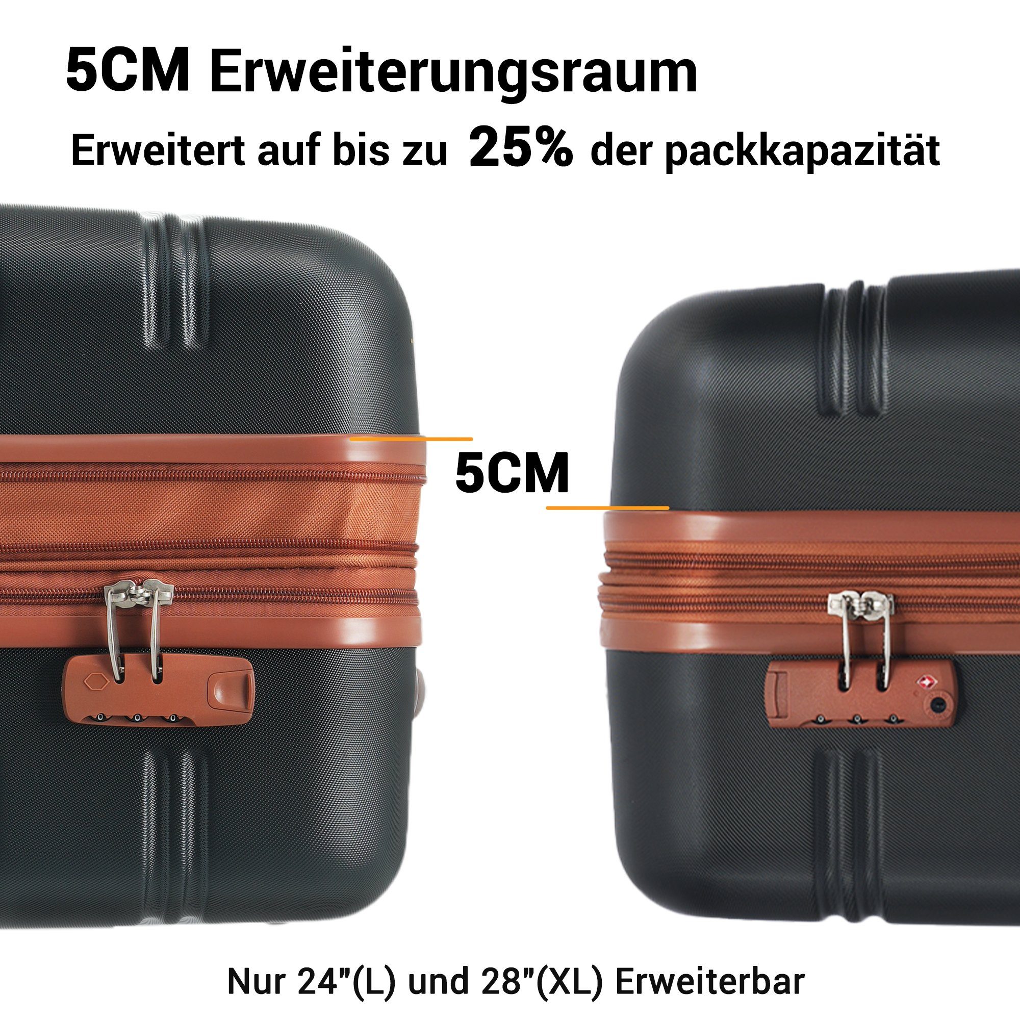 Sweiko Hartschalen-Trolley, 4 Rollen, Koffer 360°-Schwenkrollen 51*32*75cm Zahlenschloss, und Schwarz+Braun mit