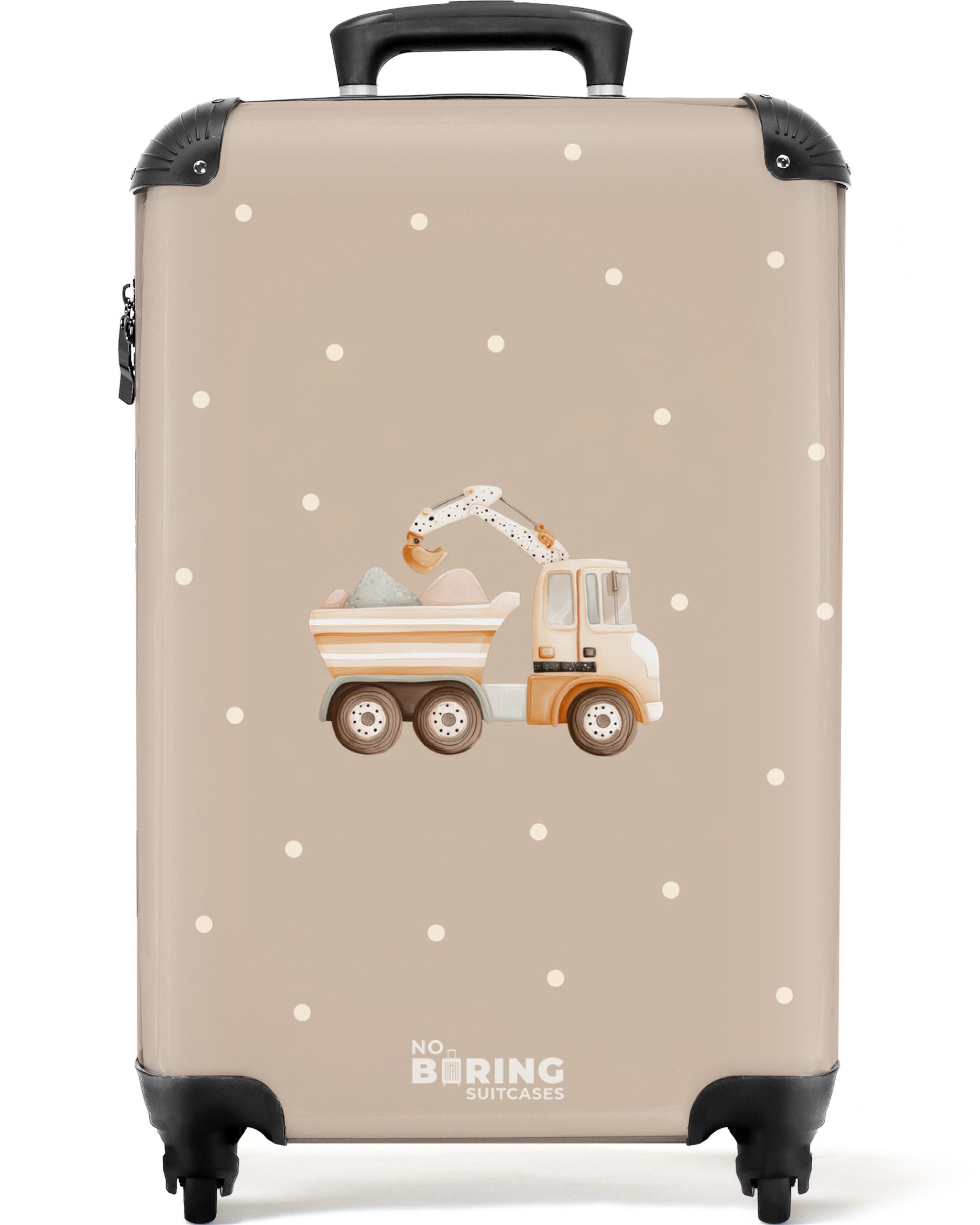 NoBoringSuitcases.com© Kinderkoffer Gelber Muldenkipper mit Steinen und Tupfenmuster 55x35x20cm, 4 Rollen, Handgepäck Koffer, Hartschalenkoffer Kinder, Reisekoffer Jungen