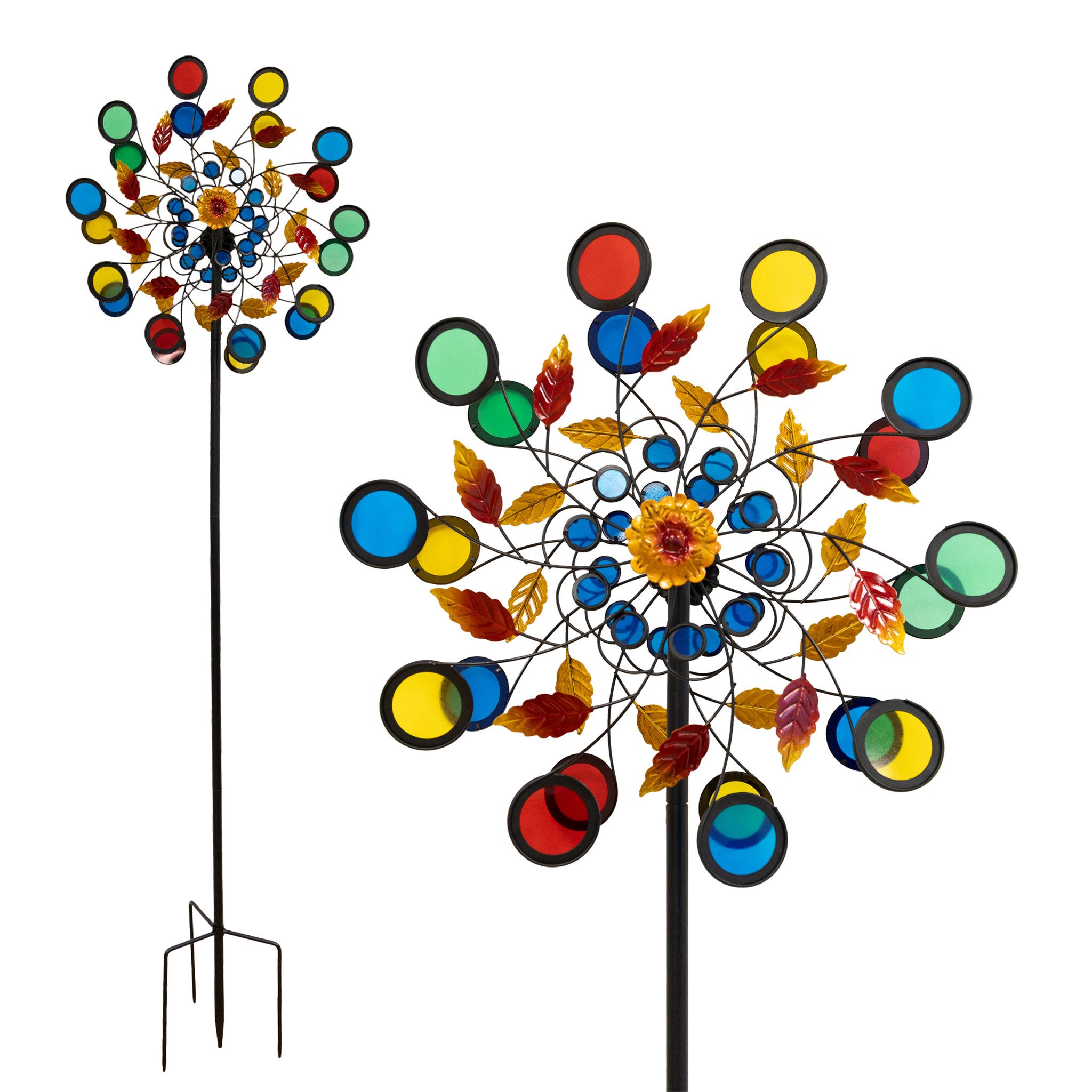 Lemodo Windspiel Windrad Garten Metall, 2 Rotoren, buntes Acryl-Windspiel 213 cm, Acryl-Windrad mit 2 Rotoren