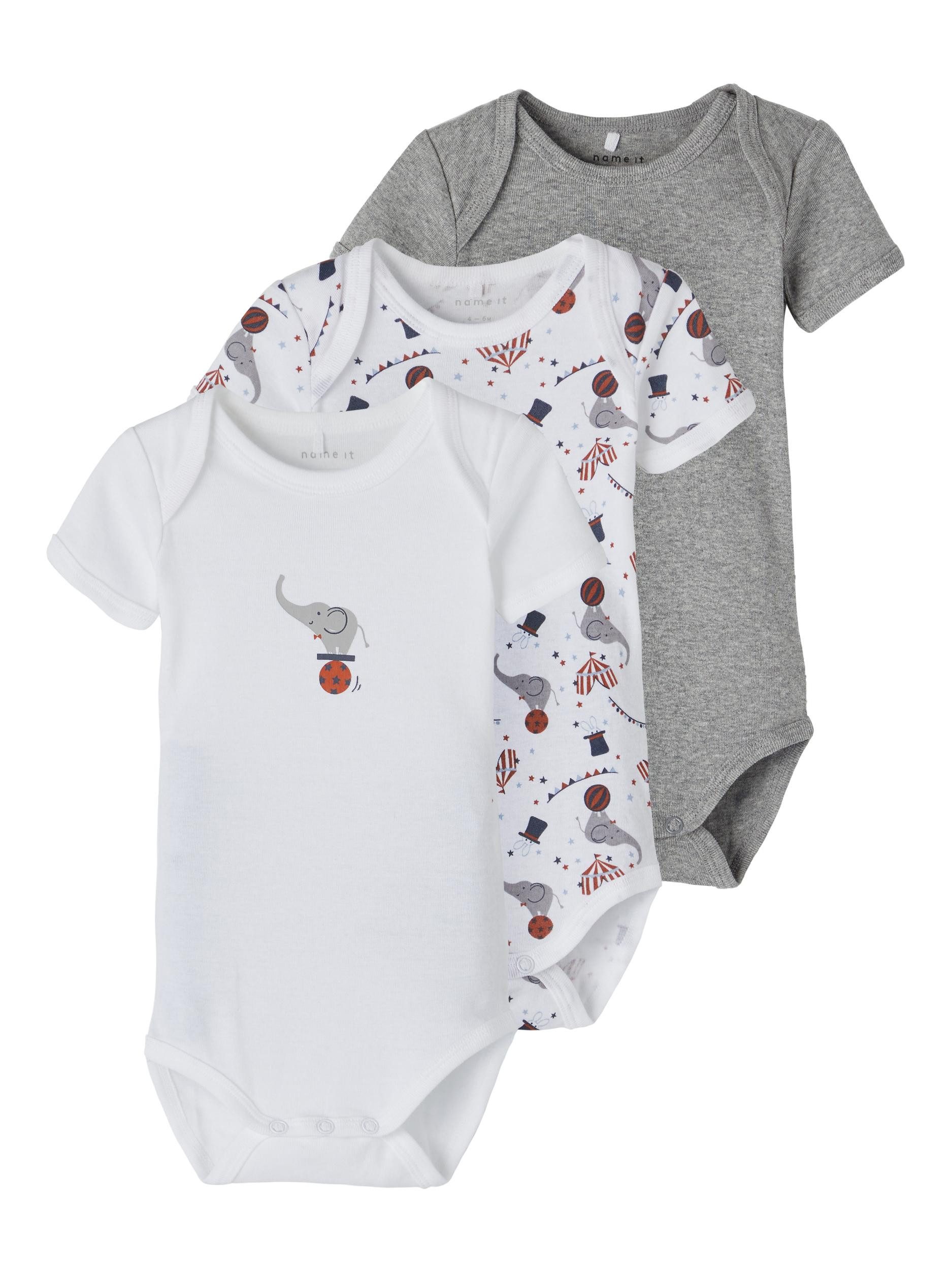 Name It Kurzarmbody Baby unisex Elefant 3er Set Grey Melange 62 (Packung, 3-tlg., 3er-Pack) mit Druckknöpfen im Schritt