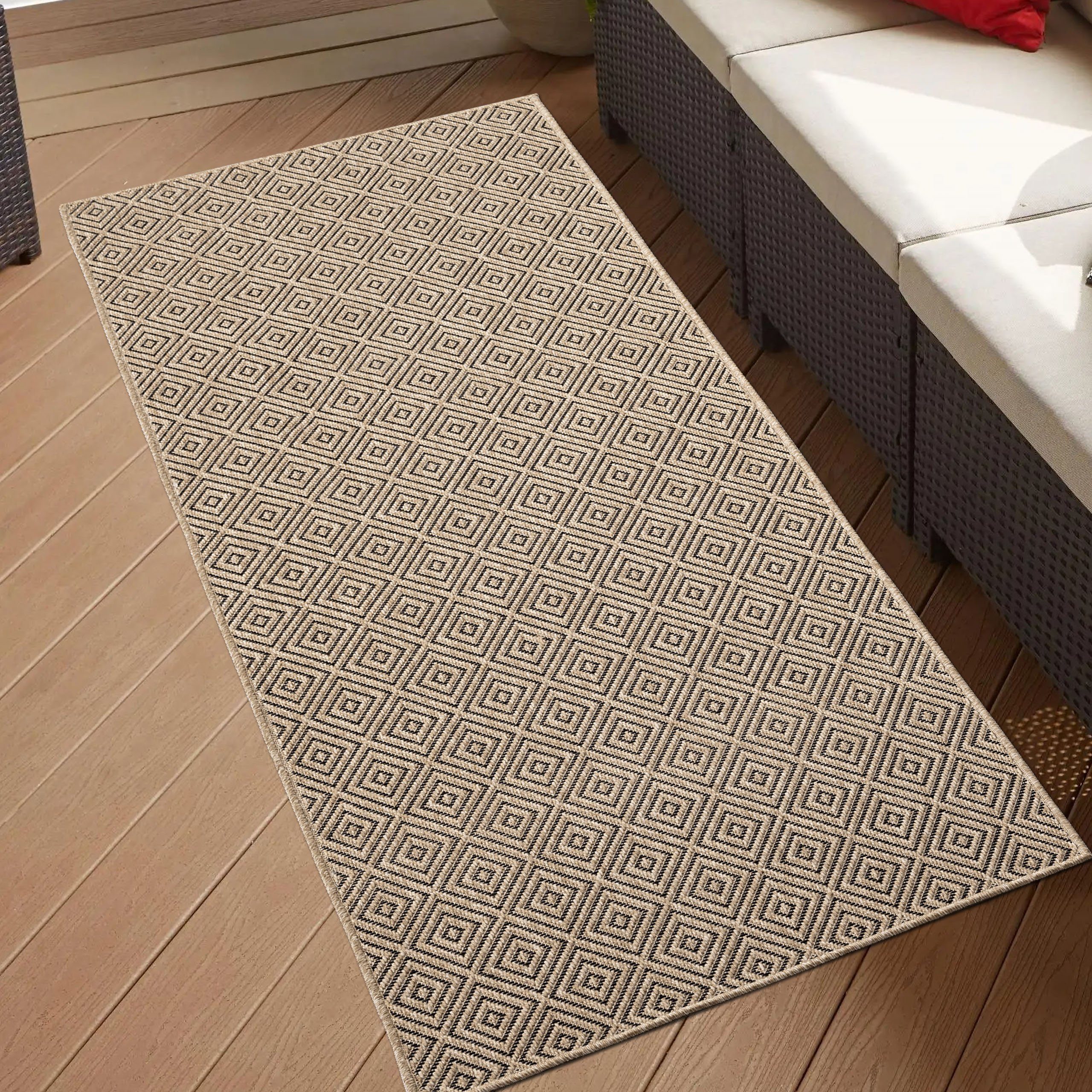 TeppichHome24 Outdoorteppich In- und Outdoorteppich mit Rautenmuster beige/schwarz, Rechteckig – Bild 2 von 5