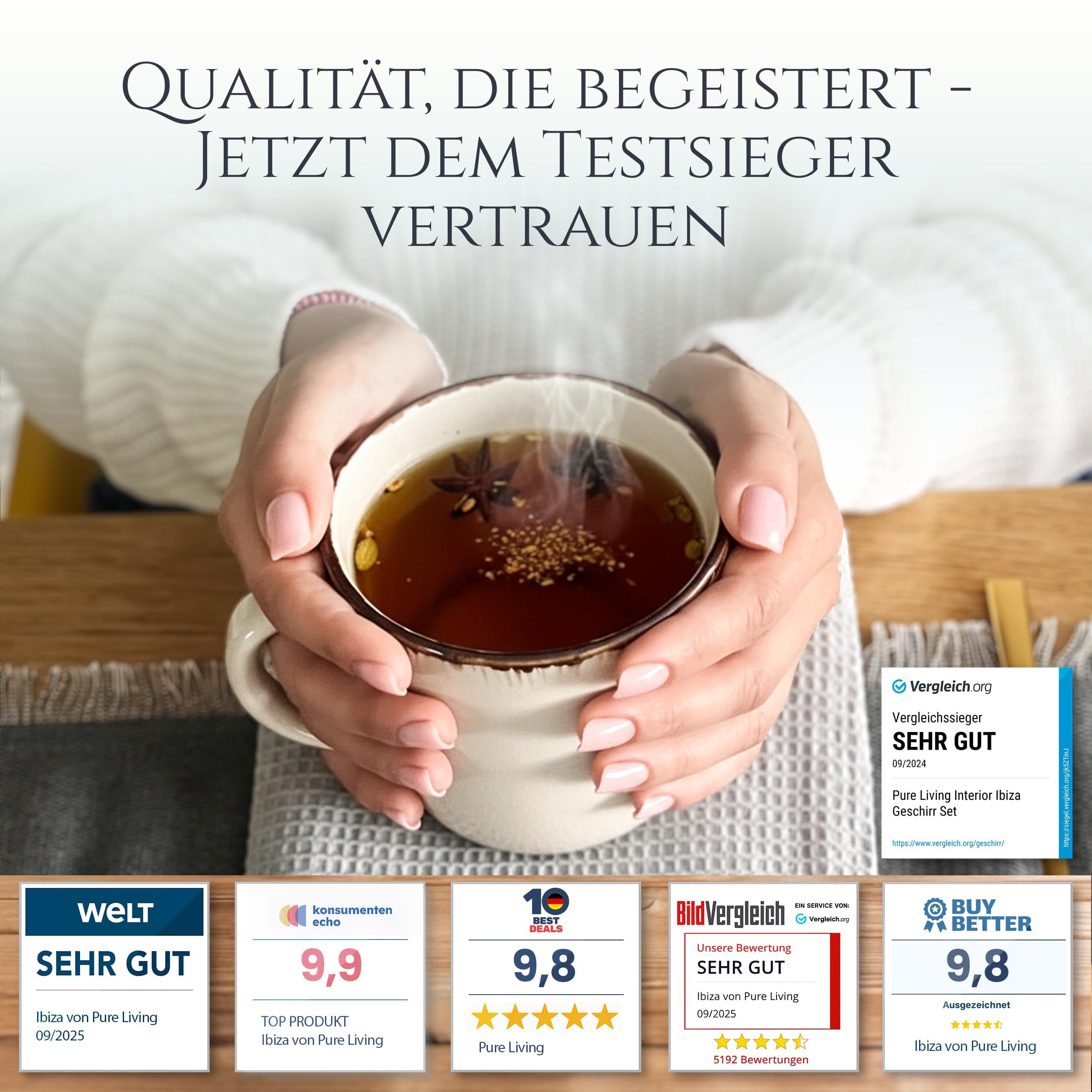 PURE LIVING INTERIOR DESIGN Geschirr-Set Pure Living Tassen 6er 350ml »Rustic«, Steingut, Beige, 6 Personen, Steingut, Authentischer Landhausstil, Reaktive Glasur – jedes Stück ein Unikat,…