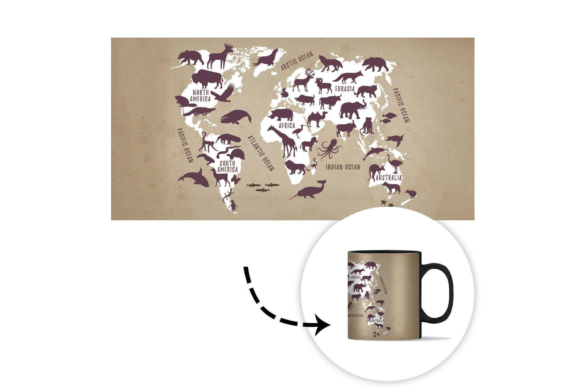 MuchoWow Tasse Weltkarte - Tiere Geschenk Zaubertasse, - Teetasse, Schatten, Farbwechsel, Kaffeetassen, Keramik