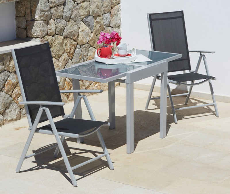 MERXX Balkonset Lima, (3-tlg., 2x Klappsessel, 1x Ausziehtisch 65(130)x65 cm), pulverbeschichtetes Aluminium, aus 100% Polyester, für 2 Personen