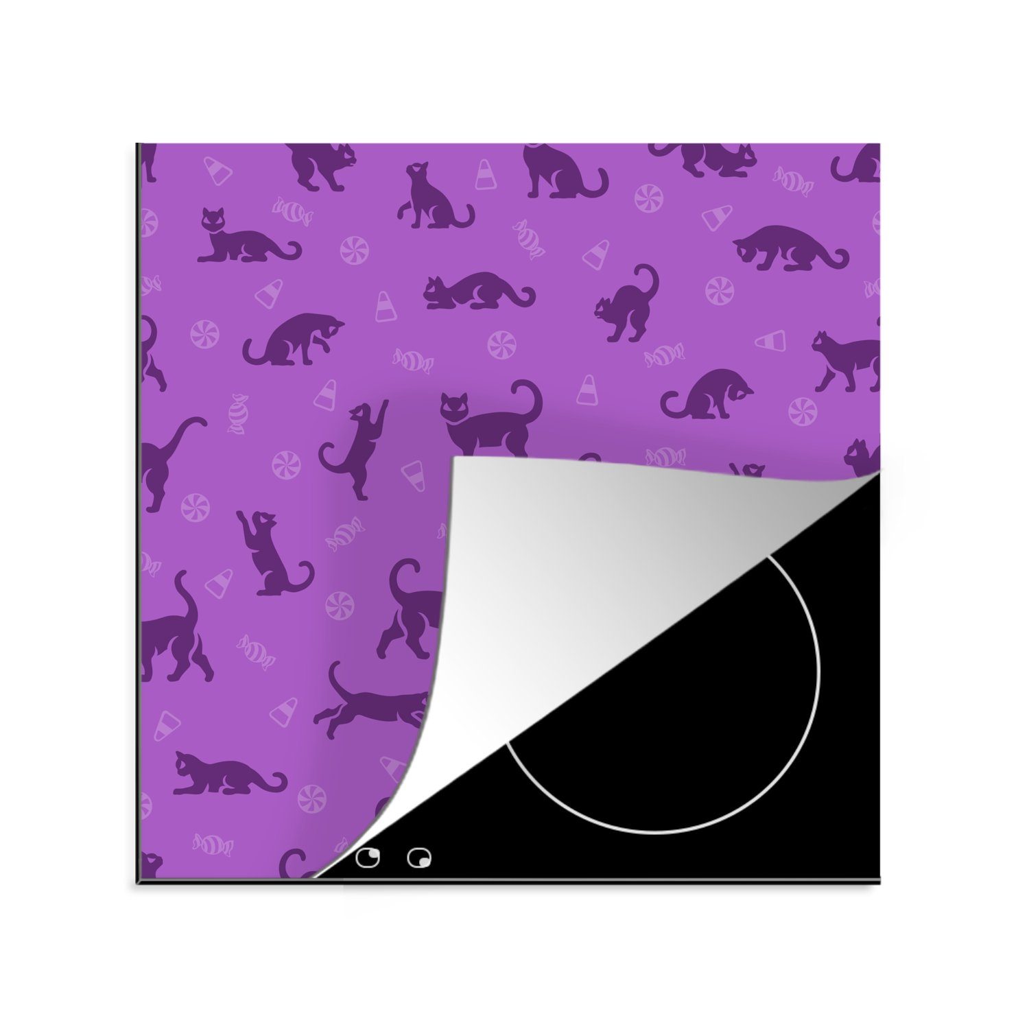MuchoWow Herdblende-/Abdeckplatte Katzen - Lila - Muster, Vinyl, (1 tlg), 78x78 cm, Ceranfeldabdeckung, Arbeitsplatte für küche