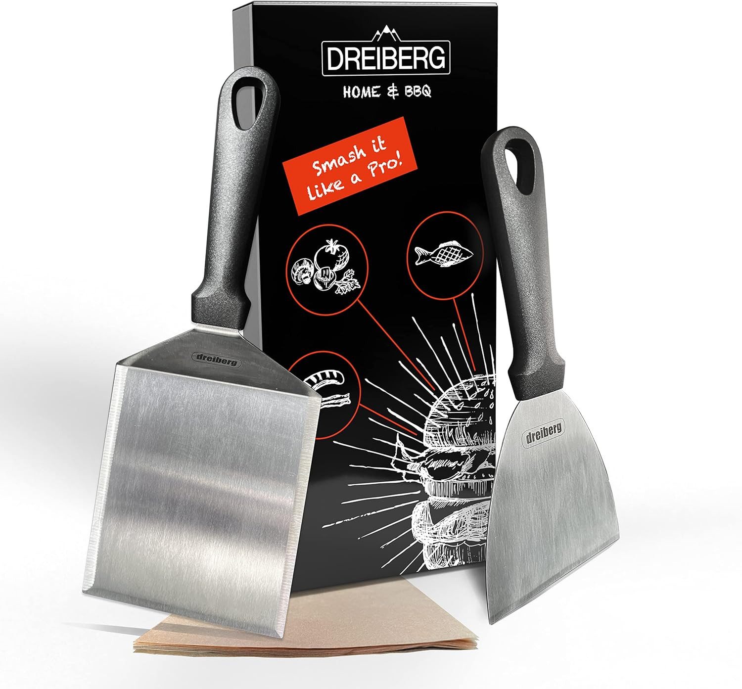 Grillspachtel DREIBERG® XXL Grillspachtel Set inkl. 20x. Burgerpapier Smash Burger.