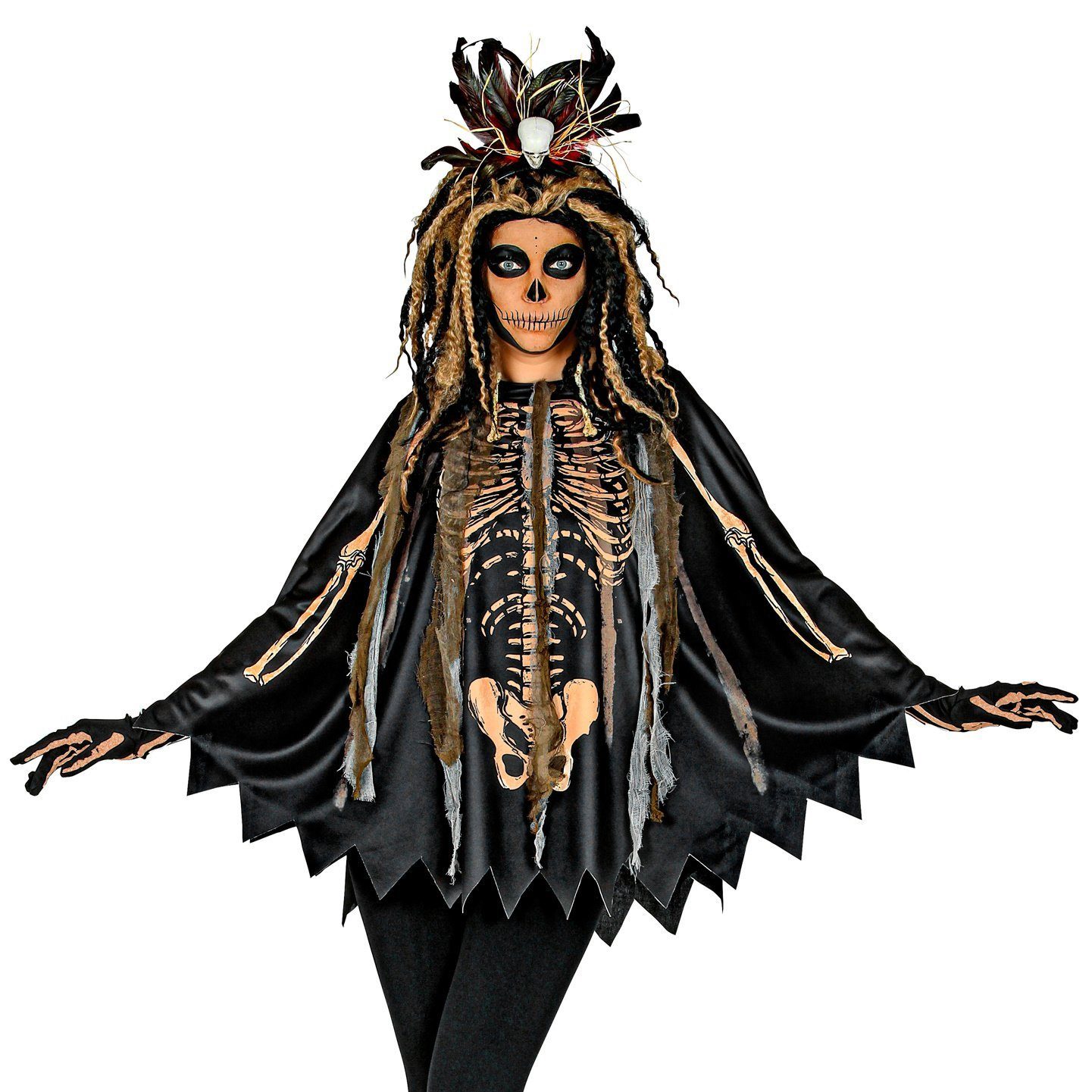Fun World Kostüm Voodoo Poncho - Halloween Fasching Zombie Kostüm, Mystischer Zauberin-Umhang mit Skelett-Print