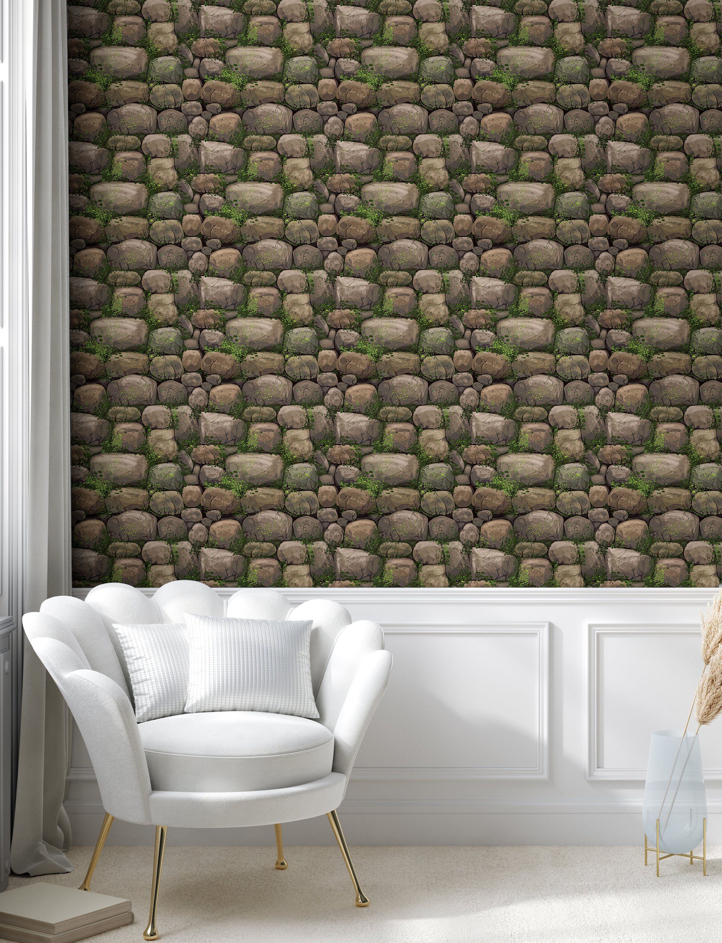 Moos bedeckt selbstklebendes Wohnzimmer Vinyltapete Abakuhaus Küchenakzent, Steine ​​mit Natur