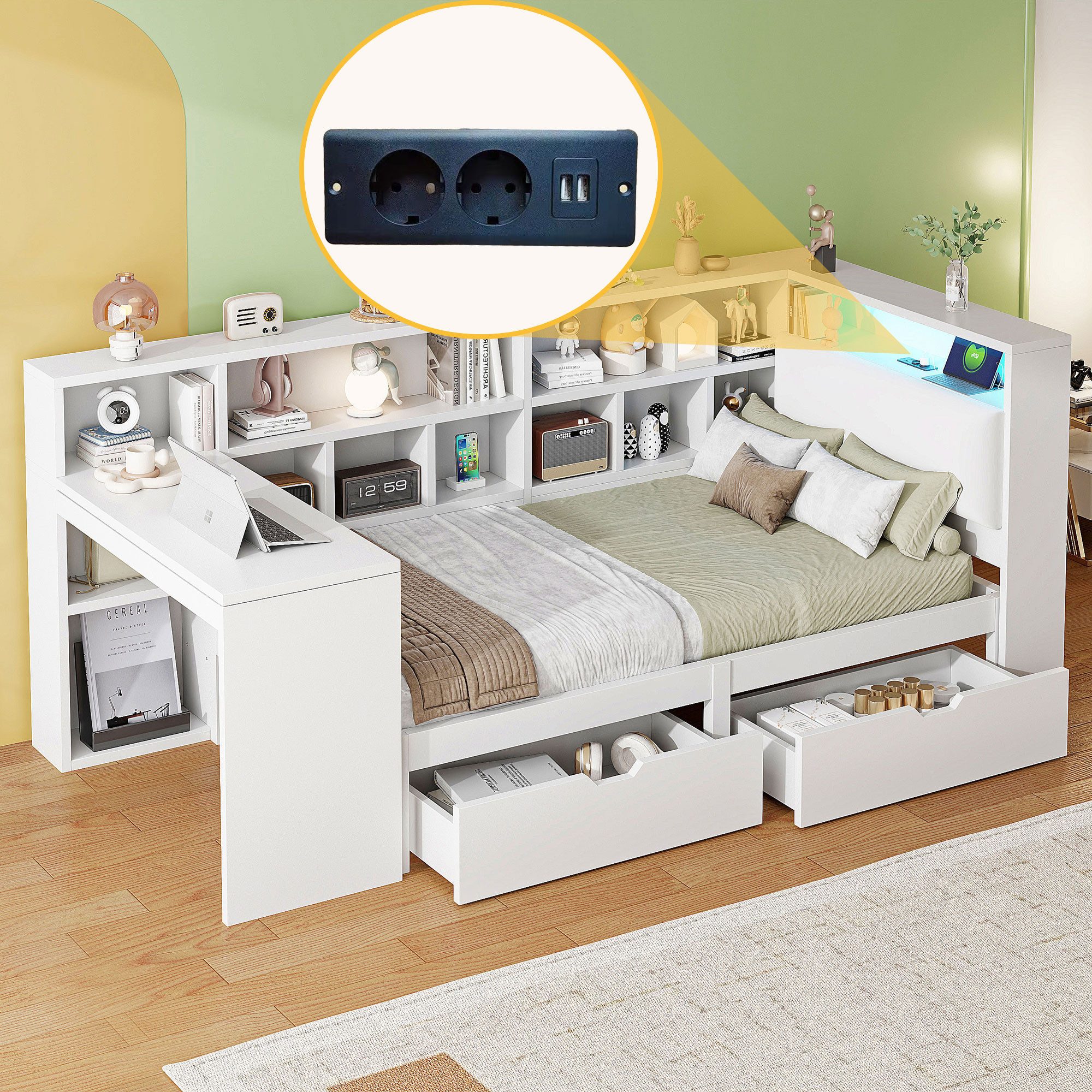 Flieks Holzbett, Kinderbett 90x200cm mit LED, günstig online kaufen