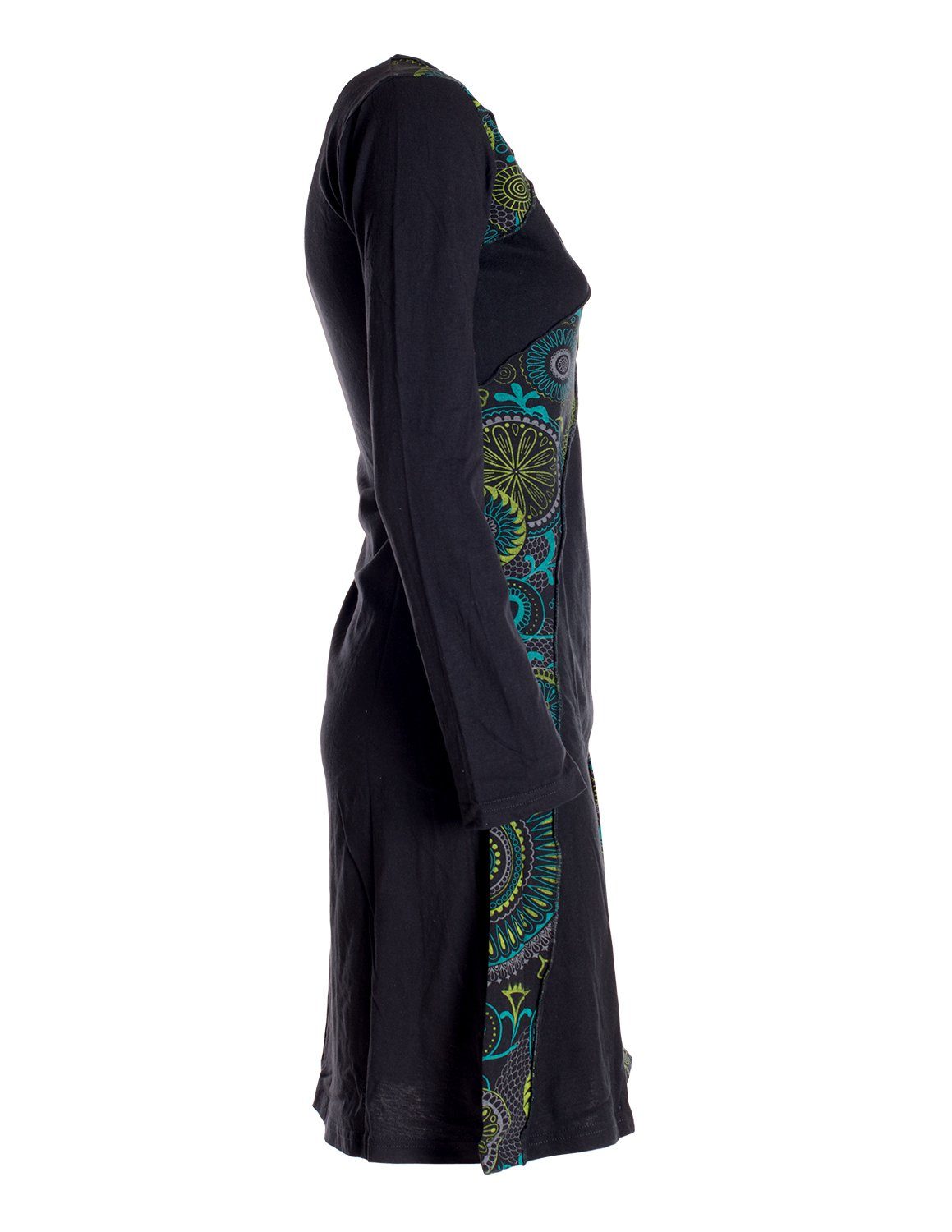 Vishes Blumenkleid Kleid Damen Ethno, Rundhals Elfen Jerseykleid Style Baumwollkleid Langarm Hippie, Mandala schwarz