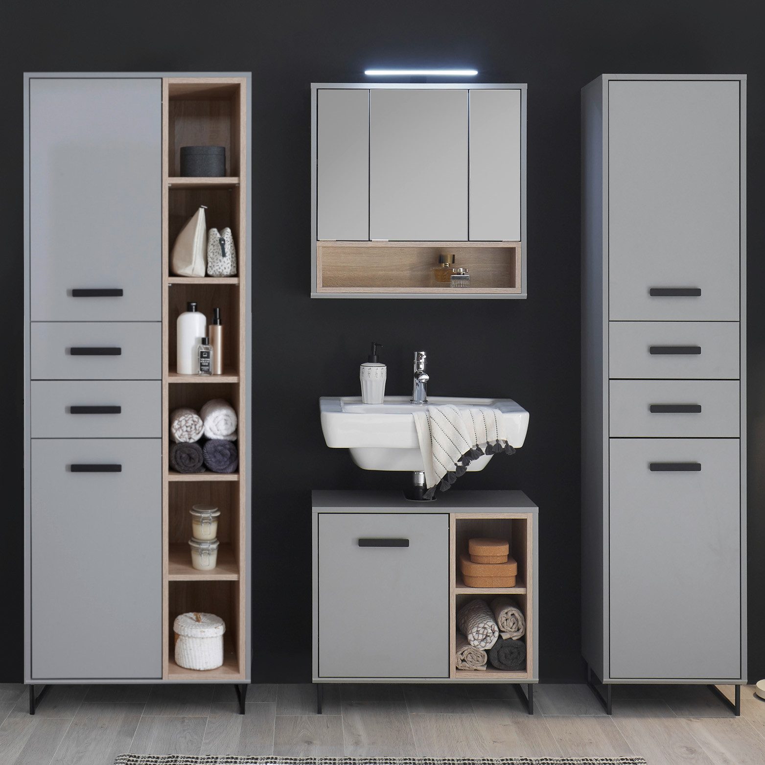 moebel-dich-auf Badmöbel-Set TOURS, (Set 6, Wbu, Spiegelschrank, Hochschrank, Hochschrank br., 4-St)