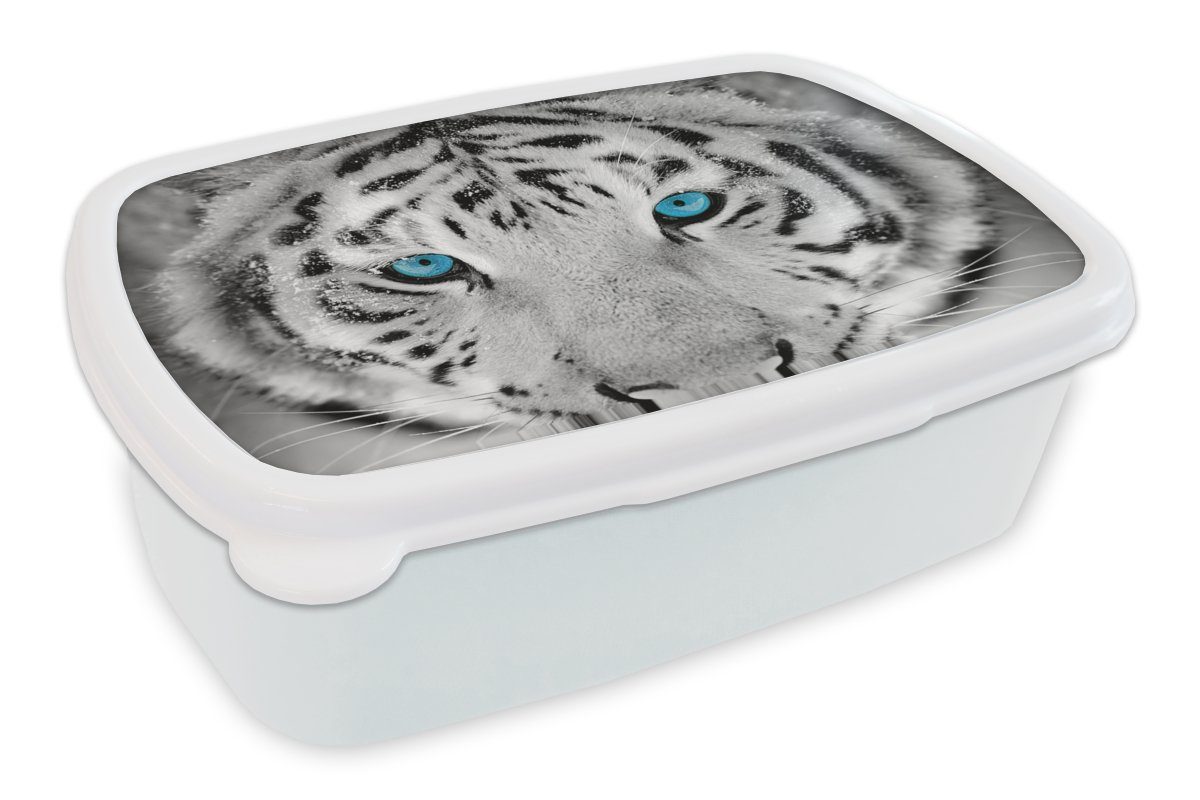 MuchoWow Lunchbox Tiger - Winter - Tiere, Kunststoff, (2-tlg), Brotbox für Kinder und Erwachsene, Brotdose, für Jungs und Mädchen weiß