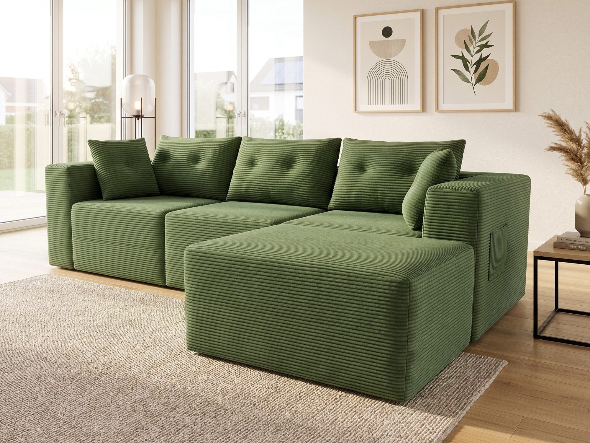 GLP Ecksofa Modulares Sofa 254 cm breit, keine Montage erforderlich, 4 flexibel kombinierbare Module, Cordsofa mit Taschenfederkern, 3-Sitzer mit Ottomane und 5 Kissen, für Wohnzimmer, Gästezimmer