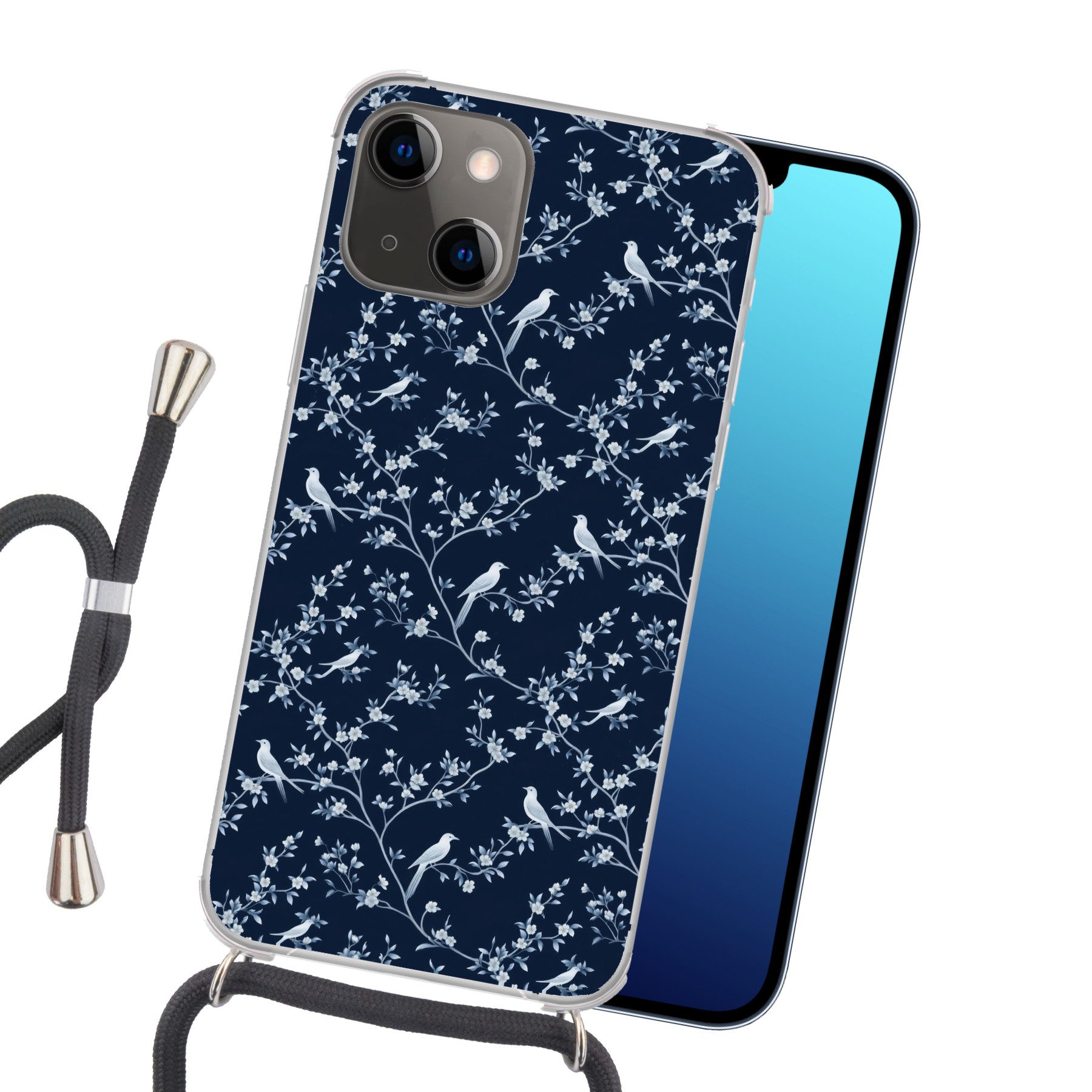 MuchoWow Handyhülle für Apple iPhone 13 Mini Grafik - Blütenzweig - Blau, Tragbare Handyhüllen mit Kette zum umhängen, Handykette Handyband