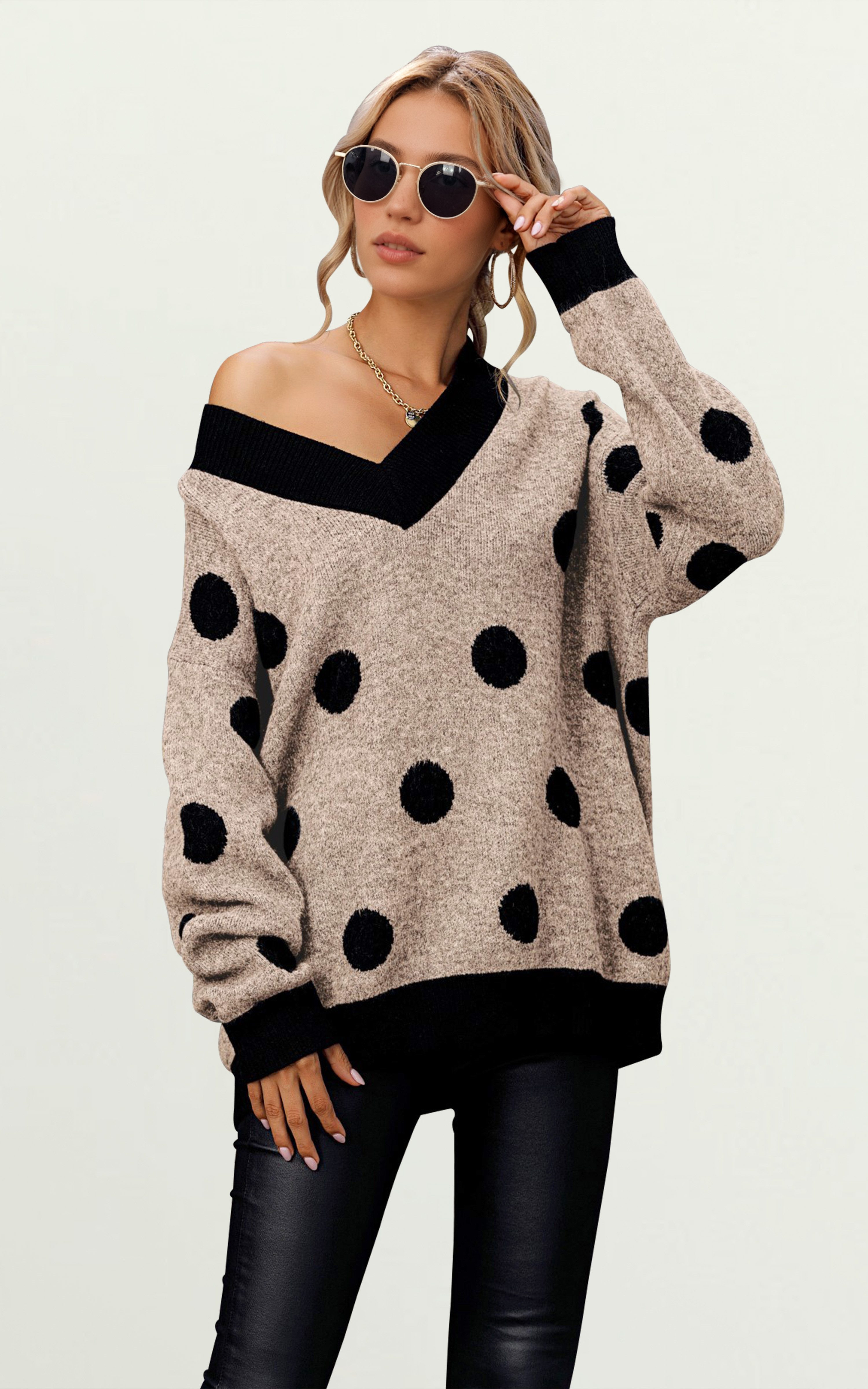 FS Collection Длинные Damen Langarmpullover mit V-Ausschnitt und Punktemuster Длинные (Einheitsgröße: UK 8–16 / EU 36–44, 4 Farben : Beige, Dunkelgrau, Braun und Dunkelgrün) 20 % Wolle, 80 % Acryl