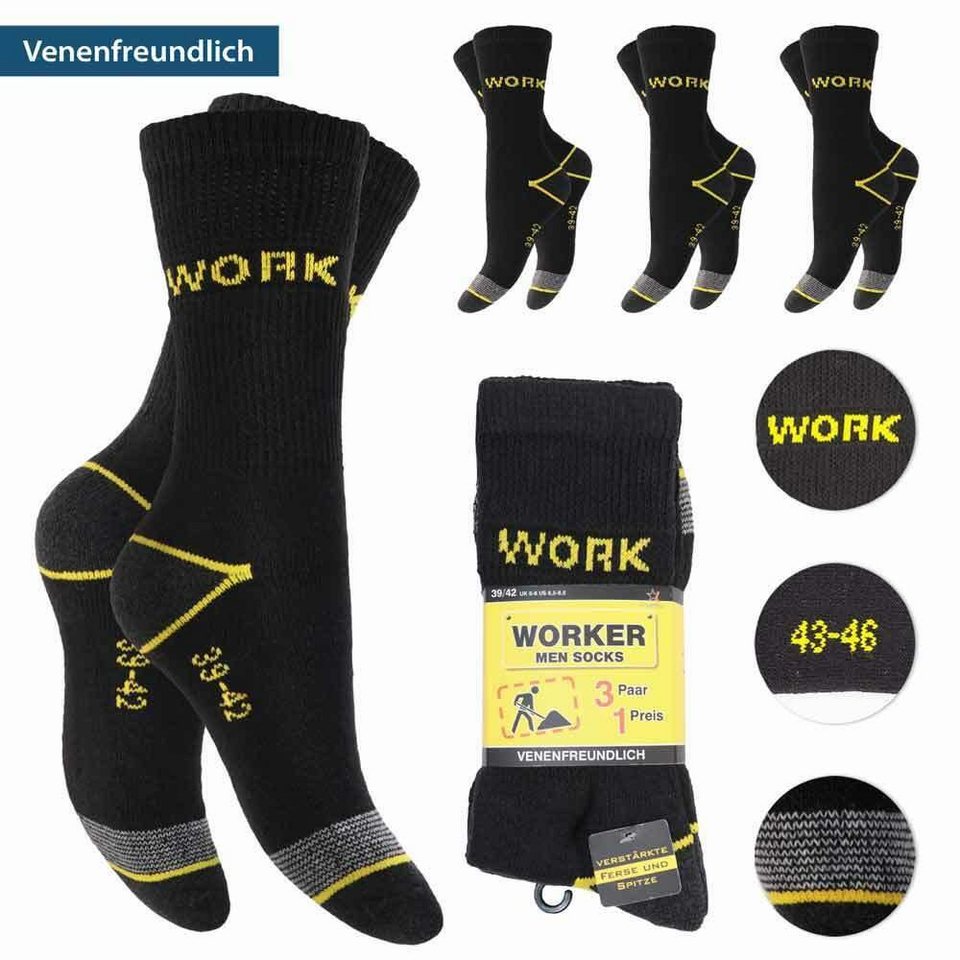 cwonlineshop Arbeitssocken (6 oder 18 Paar) Herren Arbeits- und  Outdoorsocken, Funktionssocken mit verstärkter Ferse und Spitze, für  Arbeits Work Socken und Trekkingschuhe geeignet (A41063) (6-Paar) 3er Pack