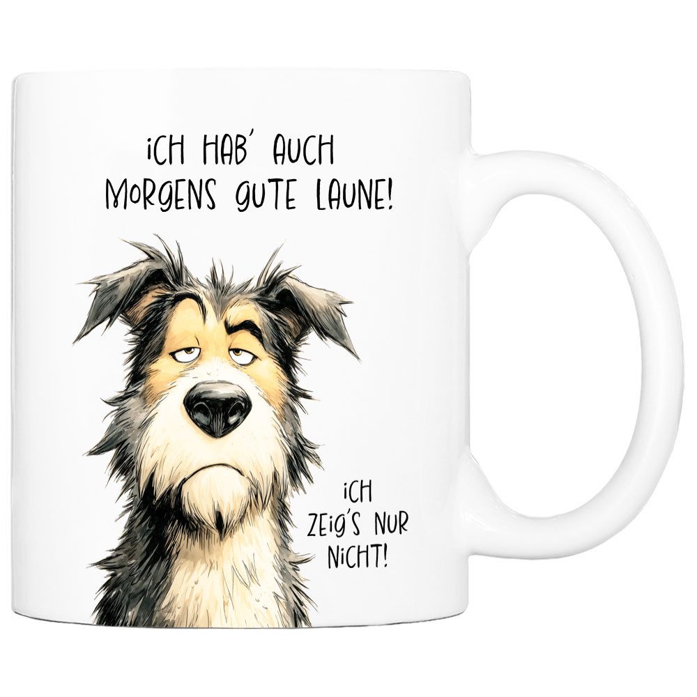 Cadouri Tasse mit Spruch 'Morgens gutes Laune' Kaffeetasse Büro Arbeit, Geschenk, Keramik, Kaffeebecher, Geschenkidee Arbeitskollege, lustig, Humor, 330 ml