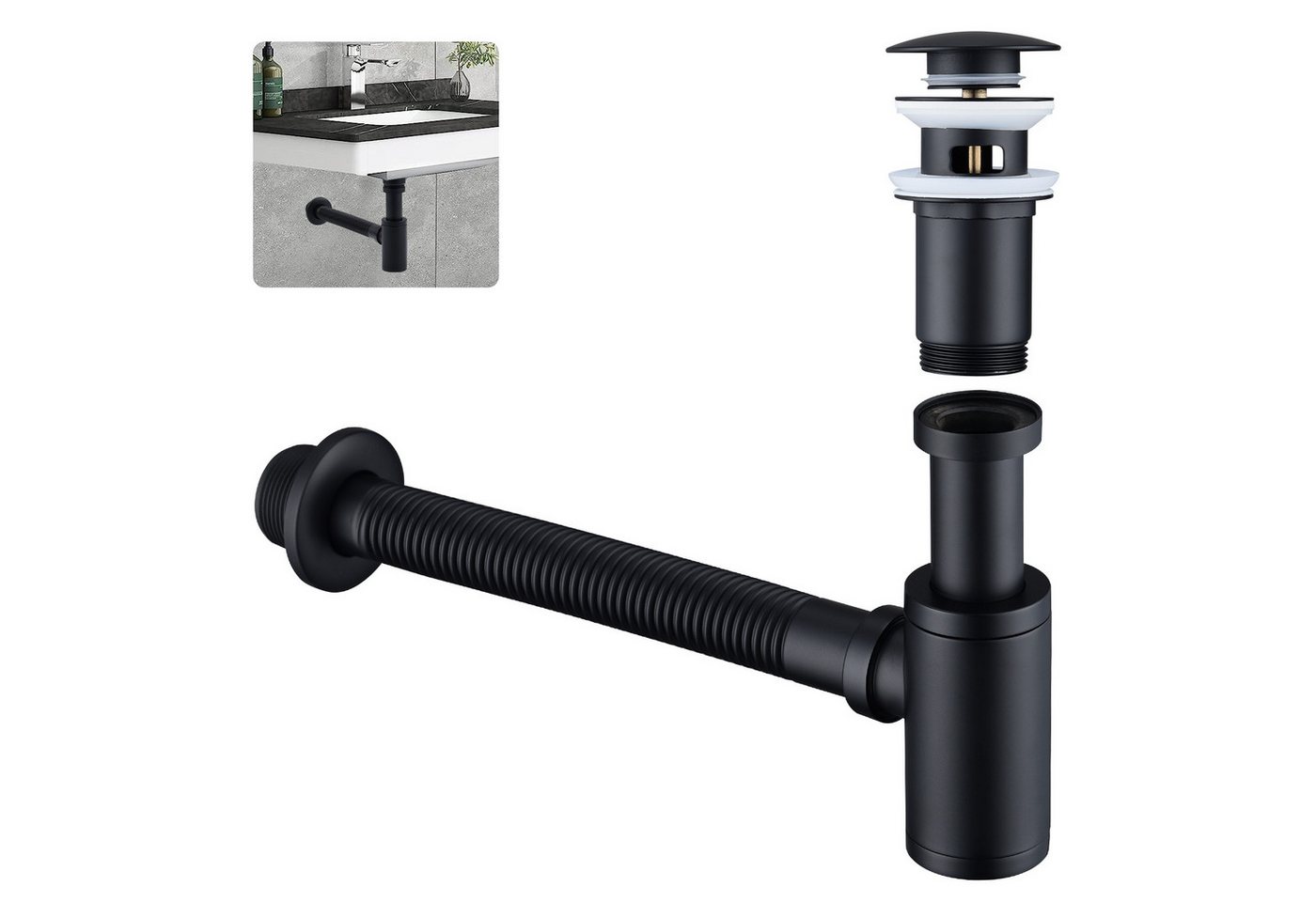 Thumbnail - HOMELODY Ablaufgarnitur Siphon Pop Up Ablaufgarnitur mit Überlauf Universal Röhrensiphon Set Waschtisch Bad Geruchsversc...