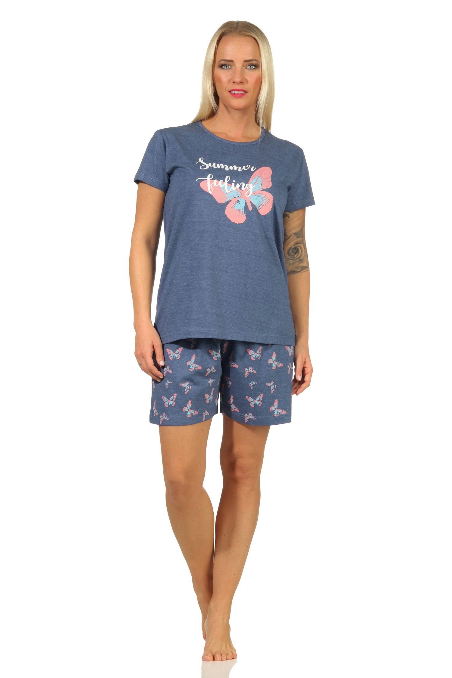 RELAX by Normann Pyjama Sommerlicher Damen kurzarm Shorty Schlafanzug mit Schmetterlingsmotiv blau