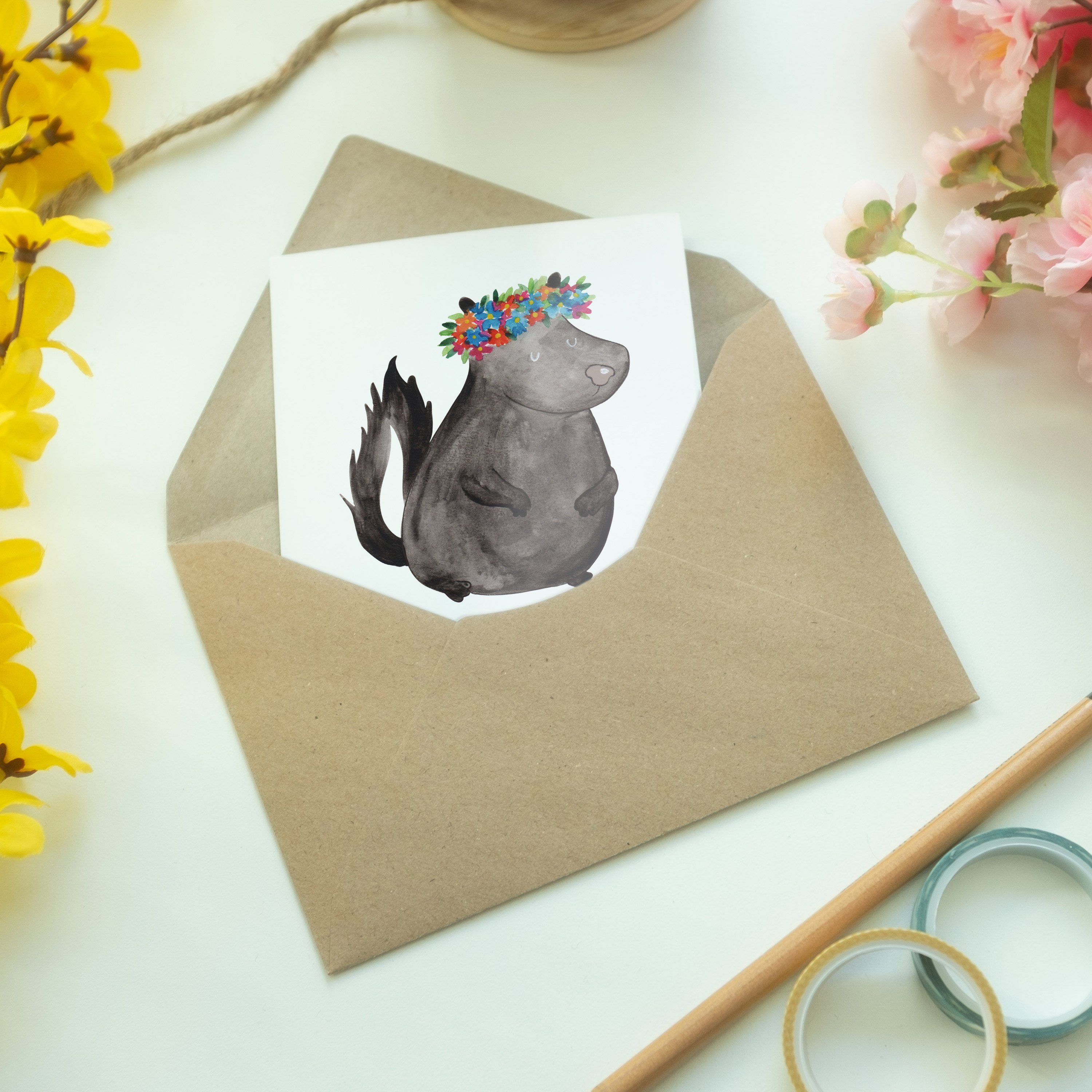 Mr. & Mrs. Panda Blumenmaedchen - Klappkar Geschenk, - Einladungskarte, Stinktier Grußkarte Weiß