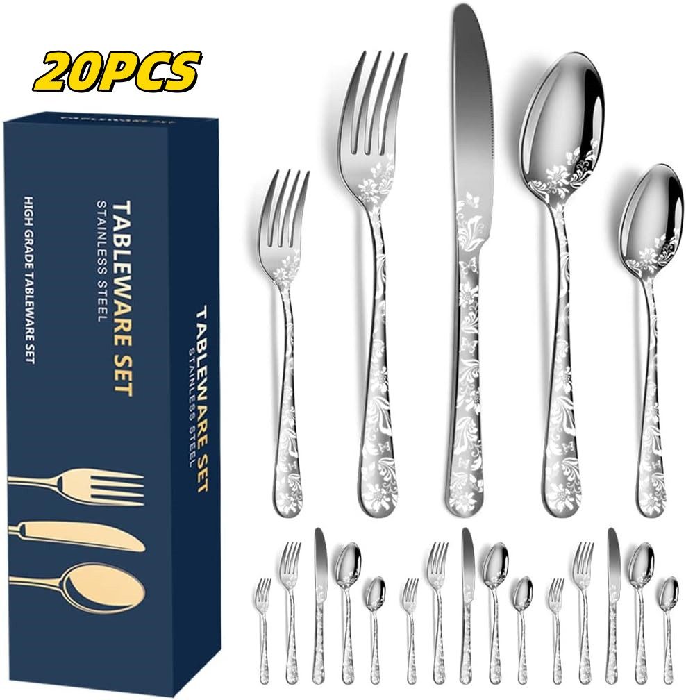 HEYHIPPO Besteck-Set Besteckset aus Edelstahl mit 20 Teilen, Geschenkbox-Verpackung, 4 Tafelgabeln,4 Teegabeln, 4 Tafelmesser, 4 Löffel, 4 Teelöffel