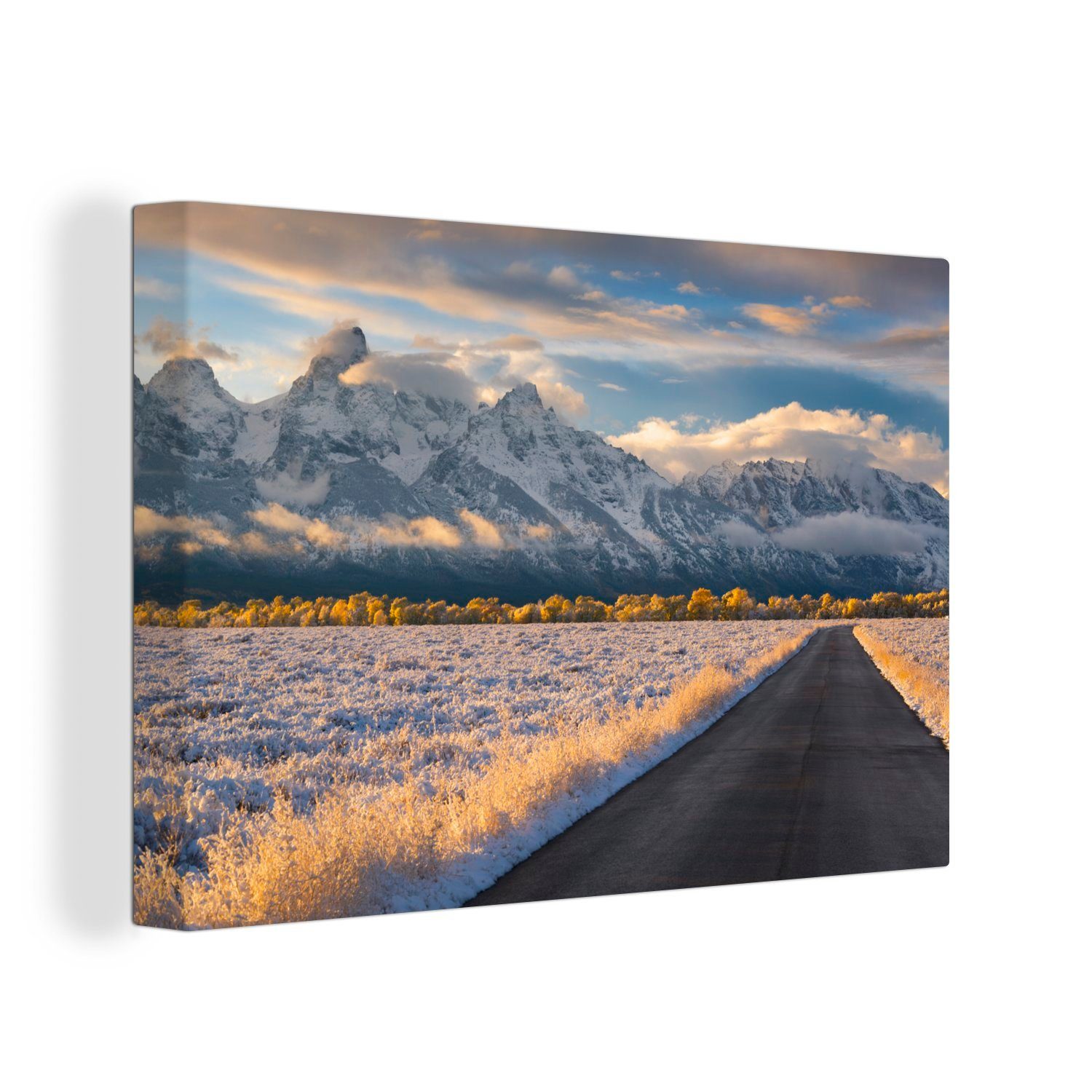 OneMillionCanvasses® Leinwandbild Landstraße in Richtung der Teton Mountains bei Sonnenuntergang, (1 St), Wandbild Leinwandbilder, Aufhängefertig, Wanddeko, 30x20 cm