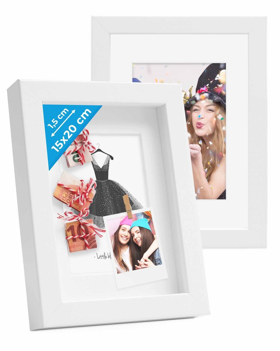 PHOTOLINI Bilderrahmen 2er Set 3D-Objektrahmen zum Befüllen mit Passepartout und Glasscheibe, für 2 Bilder (2er Set), Rahmen 15x20 cm für Objekte bis 1,5 cm Tiefe zum Basteln & Verschenken