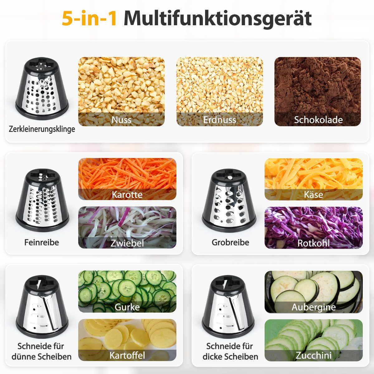 KNKA PRO Gemüseschneider Elektrischer Gemüsehobel, Obst- und Gemüsereibe, Multifunktionsreibe, 250 W, 5 Edelstahleinsätze, abnehmbar, leicht zu reinigen, für Ob – Bild 3 von 5