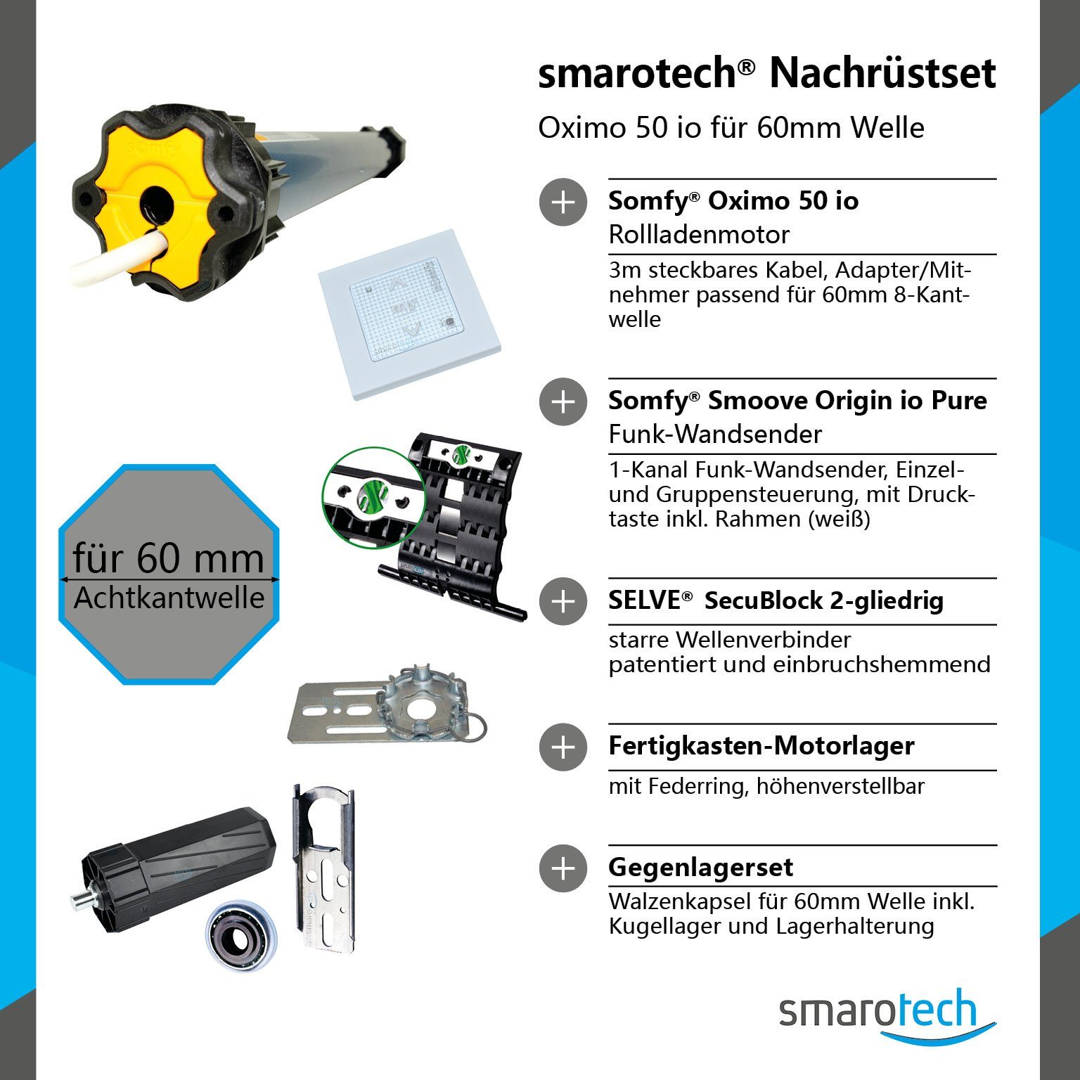 smarotech Rollladenmotor Oximo 50 Somfy 6/17 Achkantwelle io qm) 60mm 2,6 SW60 Rohrmotor Renovierungskit, (bis