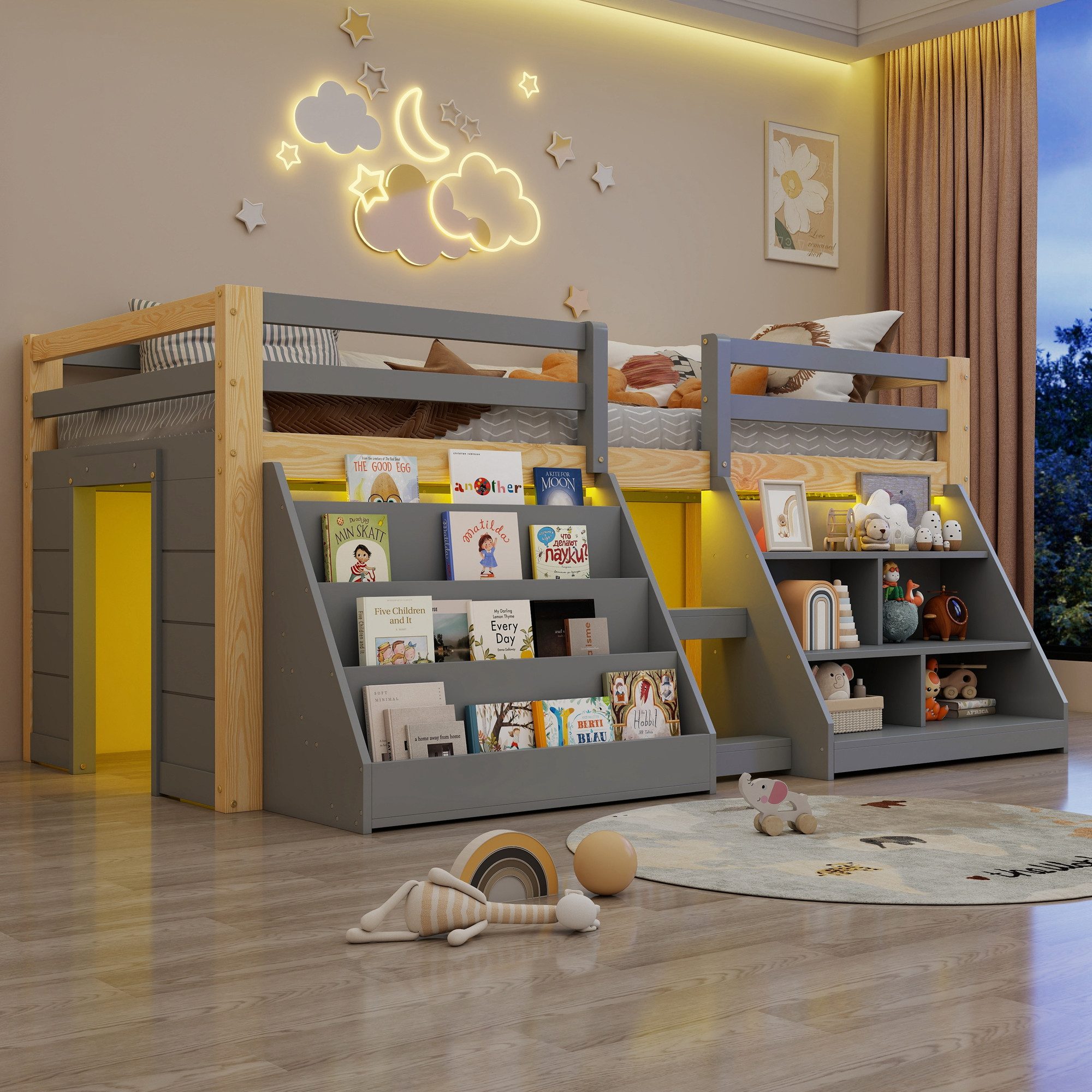 Flieks Hochbett Kinderbett Halbhochbett Holzbett 90x200cm mit 2 Stauraumregal und LED