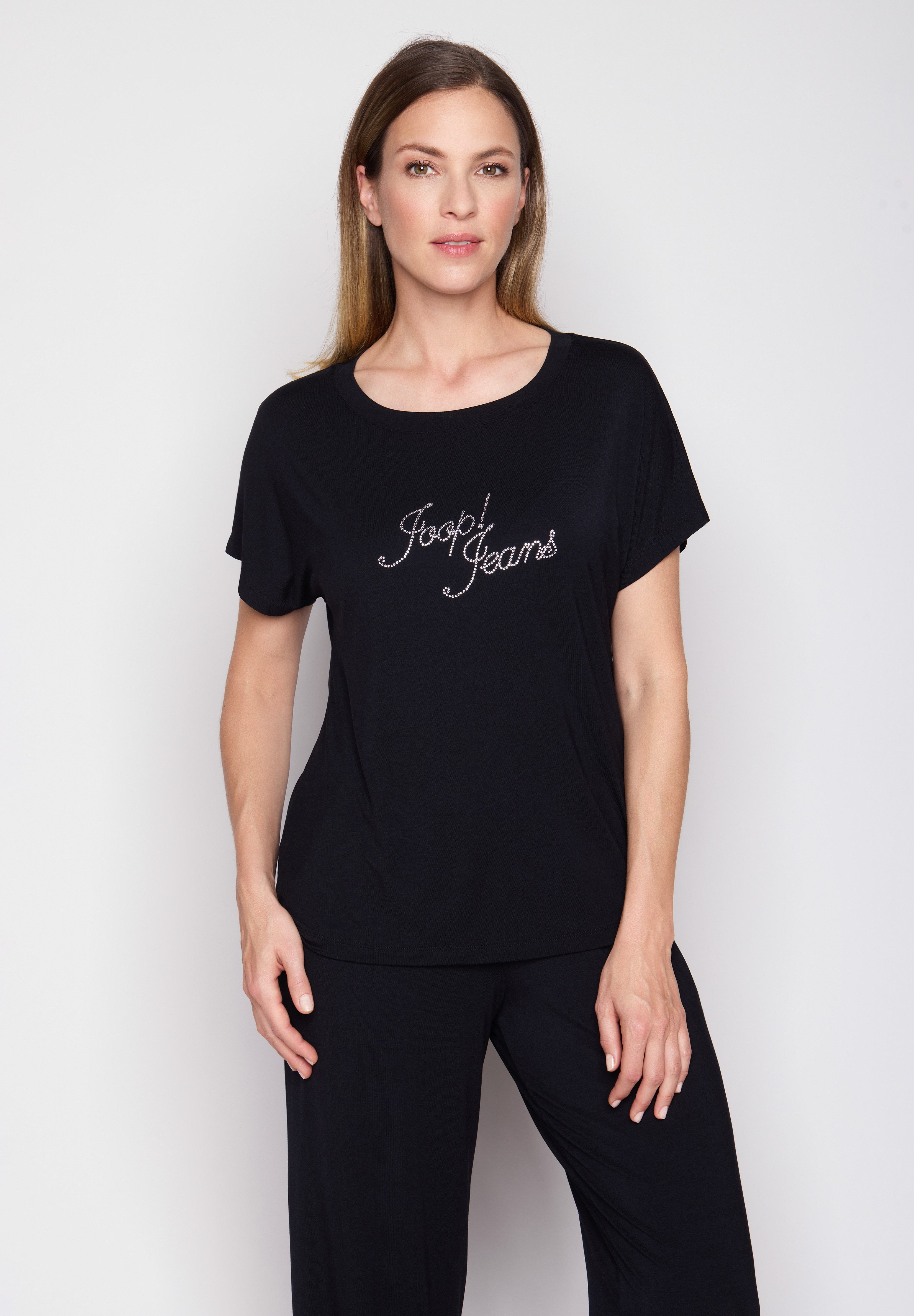 Joop Jeans Pyjamaoberteil mit Rundhalsausschnitt und kurzen Ärmeln, Logo mit Glitzersteinen