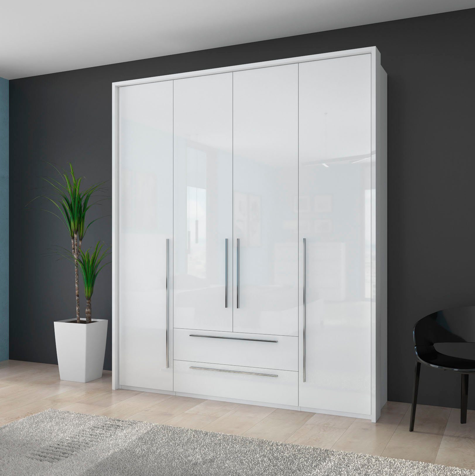 Places of Style Drehtürenschrank Piano, inklusive Rahmen und Beleuchtung, soft-close-Funktion (viele Breiten zur Auswahl, 226cm hoch, mit jeweils 2 Schubladen) beige oder weiß, UV lackiert, Hochglanzfronten, FSC-zertifiziert