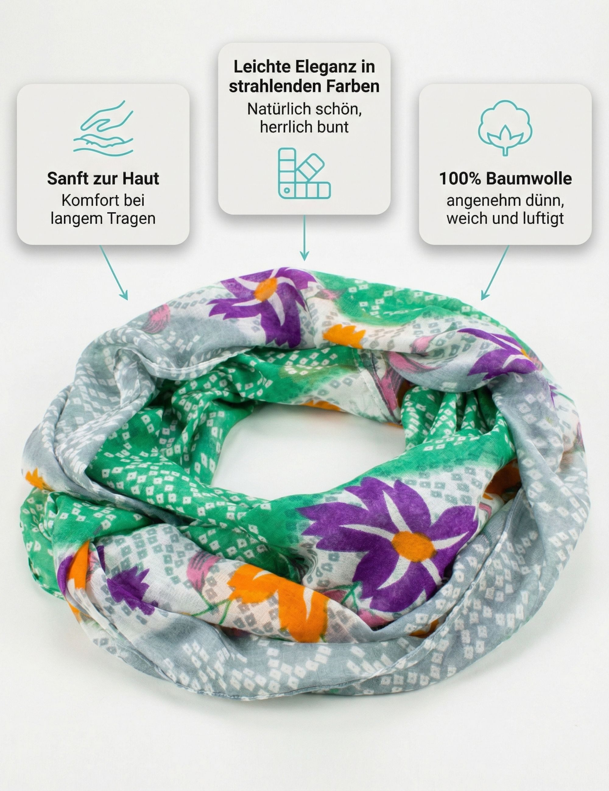 Sunsa Loop Damen Loop Schal 100% Baumwolle Schlauchschal Loopschal mit Blumen, Blumen Design