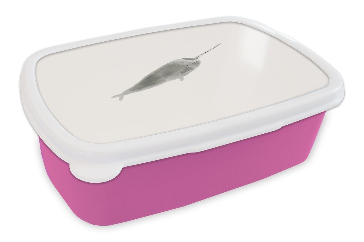 MuchoWow Lunchbox Narwal - Tiere - Grau - Aquarell, Kunststoff, (2-tlg), Brotbox für Erwachsene, Brotdose Kinder, Snackbox, Mädchen, Kunststoff rosa