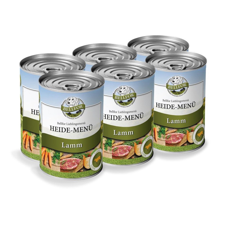 Bellfor Heide-Menü getreidefreies Nassfutter für Hunde mit Lamm - 6x400 g, Nassfutter für: Hunde, 64 % Lamm, zuckerfrei, glutenfrei, ohne Soja, für sensible Hunde