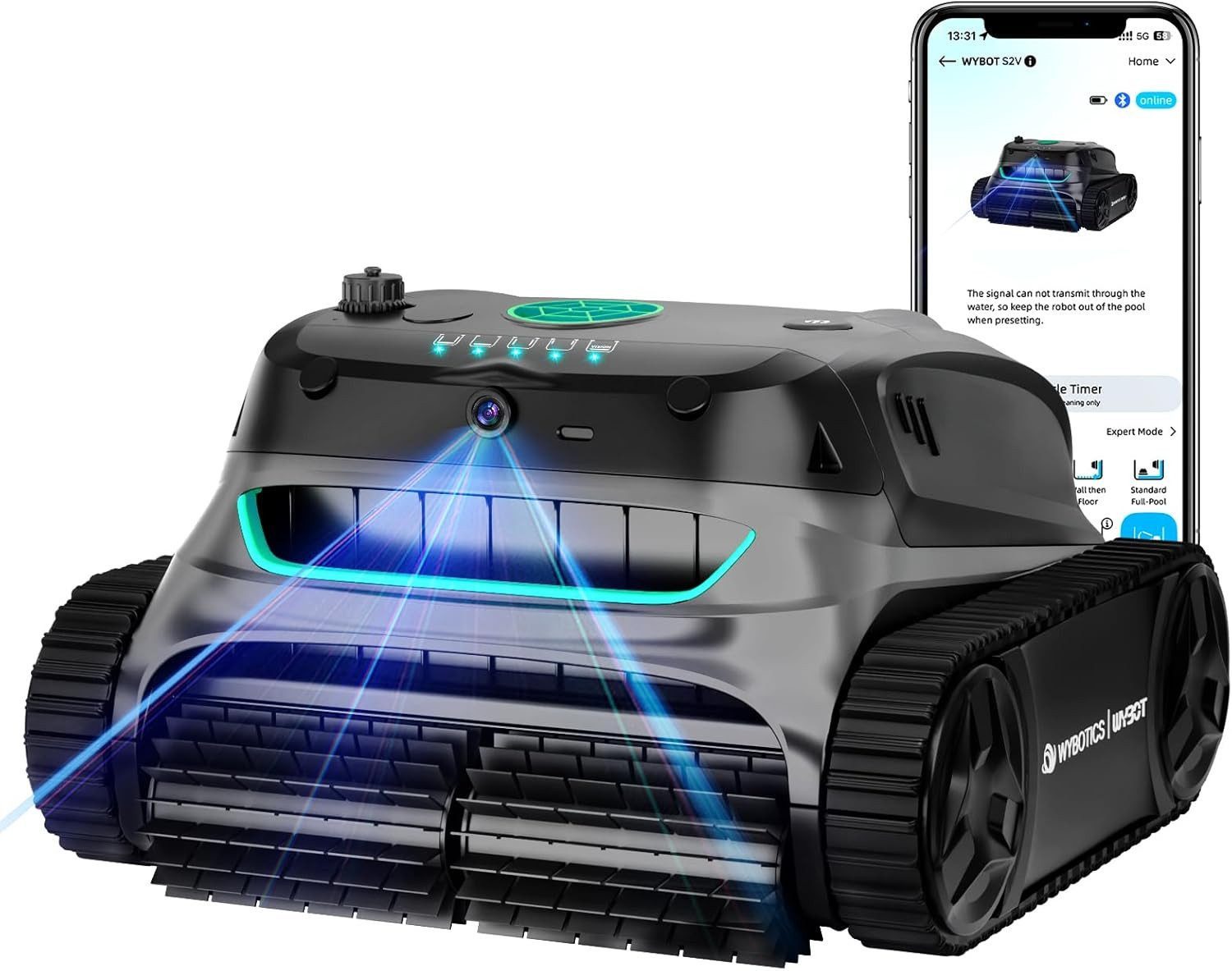 WYBOT Poolroboter S2 Vision Kabelloser Poolroboter mit KI-Lernen und Kamera-Navigation, Wandkletterfunktion & Wasserlinienreinigung, für Pools bis zu 300 m²