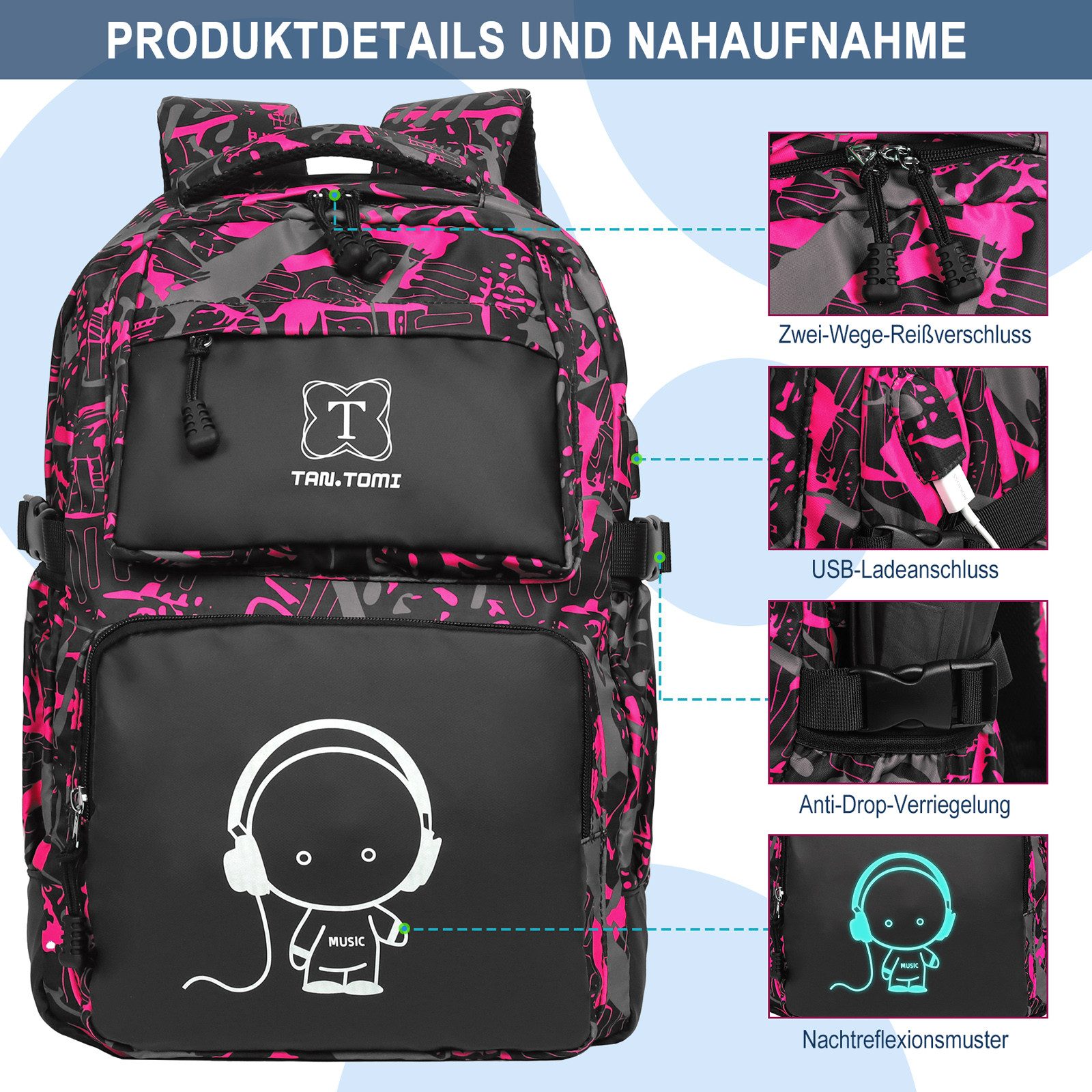 TAN.TOMI Schulrucksack Rucksack Jungen Schulrucksack Mädchen Teenager Jugendliche Daypacks, Kinder Reflektierender Schultasche Outdoor Camping Groß Schulranzen – Bild 5 von 5