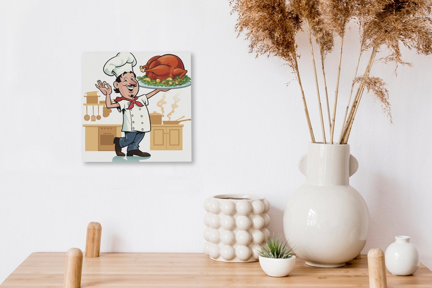 OneMillionCanvasses® Leinwandbild Eine einem mit Leinwand St), Illustration Stück Kochs (1 Wohnzimmer für Bilder eines Fleisch, Schlafzimmer