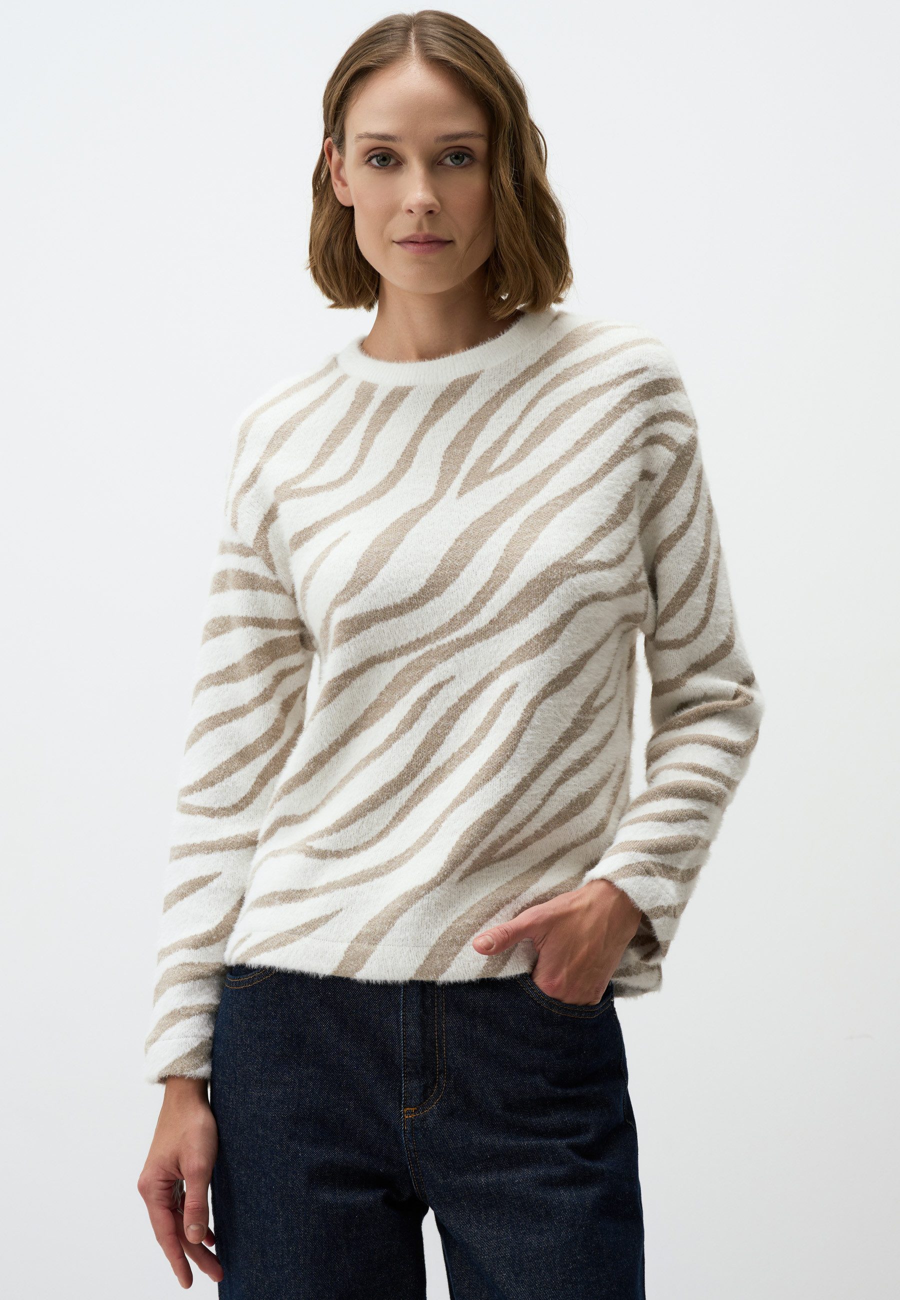 Strickpullover Beige Zebradruck Pullover