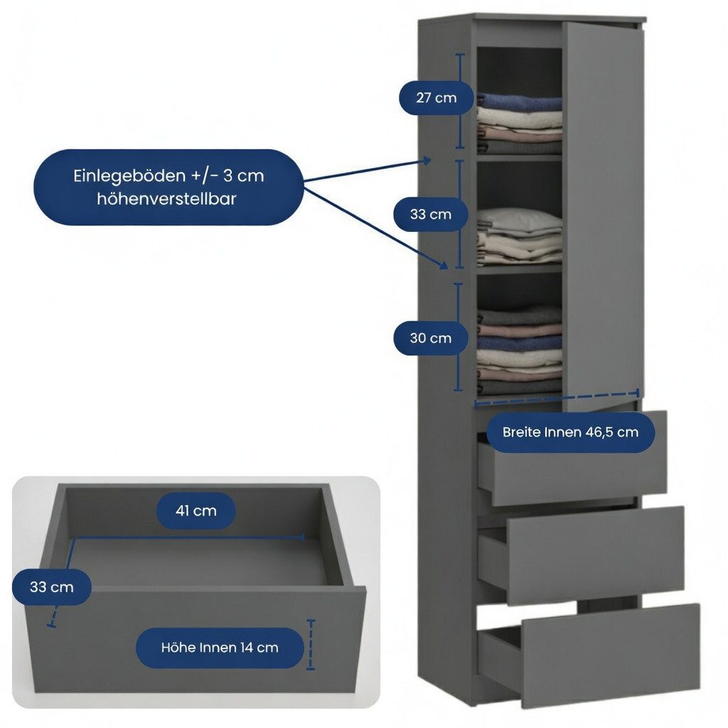 Home Collective Kleiderschrank Garderobenschrank Mehrzweckschrank Schrank platzsparend & vielseitig (50x40x180,5 cm (BxTxH), ideal für Schlafzimmer Flur & Arbeitszimmer) mit 1 Tür 3 Einlegeböden & 3 Schubladen in anthrazit