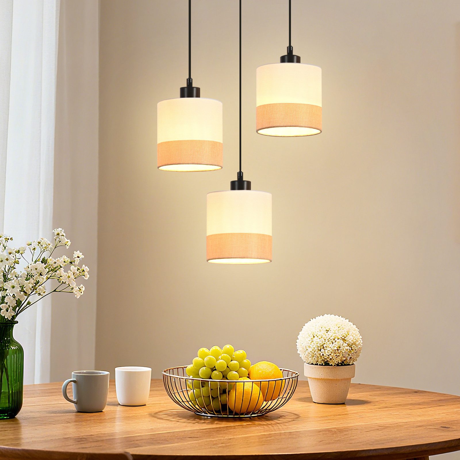 Nettlife Pendelleuchte Vintage 1/3/4-flammige Stoff Weiß E27 Fassung Hängeleuchte, Höhenverstellbar, ohne Leuchtmittel, für Esszimmer, Küche, Bar, Wohnzimmer, Arbeitszimmer, Schlafzimmer